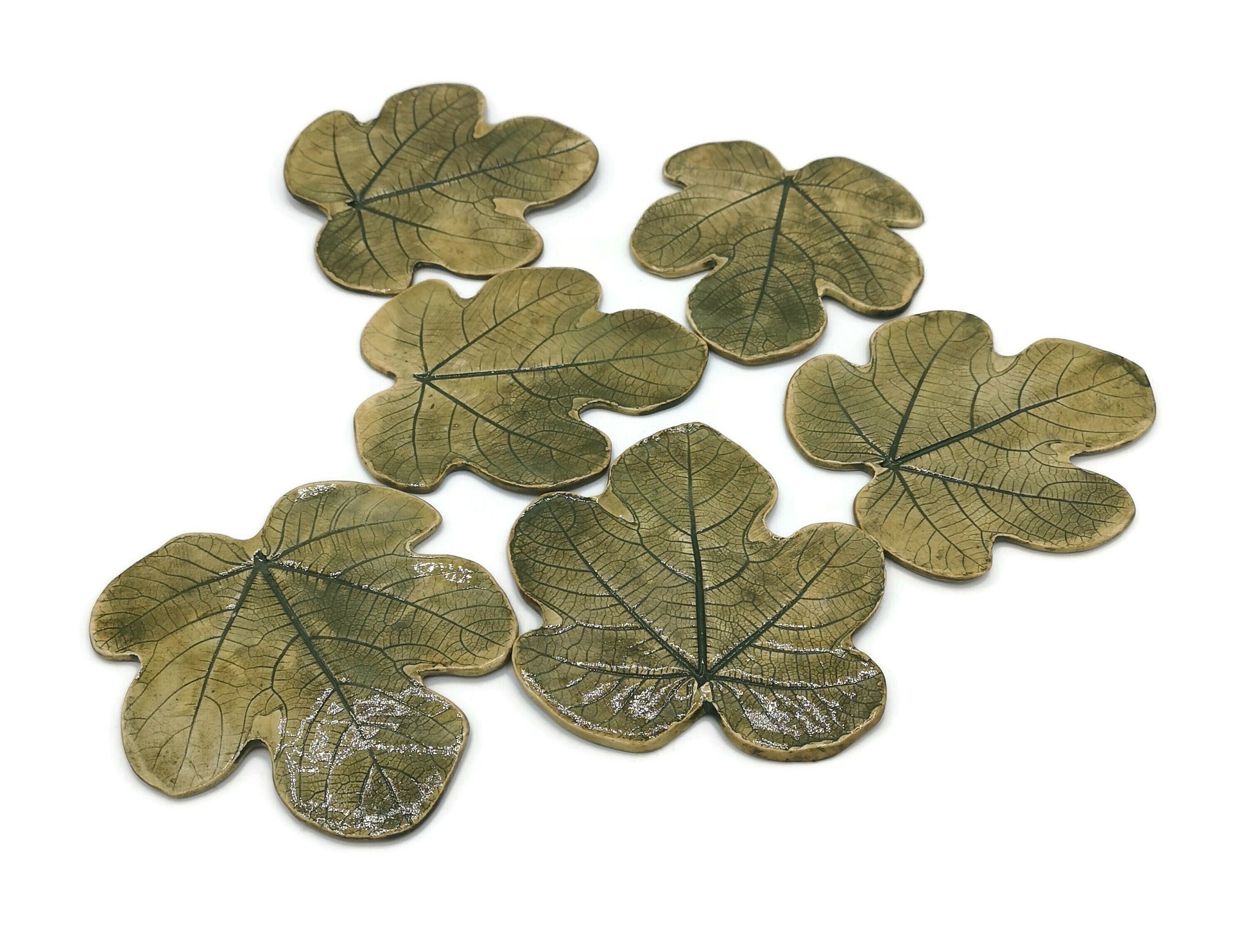 Set Of 6 Handmade Ceramic Green Coasters Fig Leaf Shaped, Housewarming Gift First Home, Mom Birthday Gift From Daughter, Fall Home Decor - Ceramica Ana Rafael