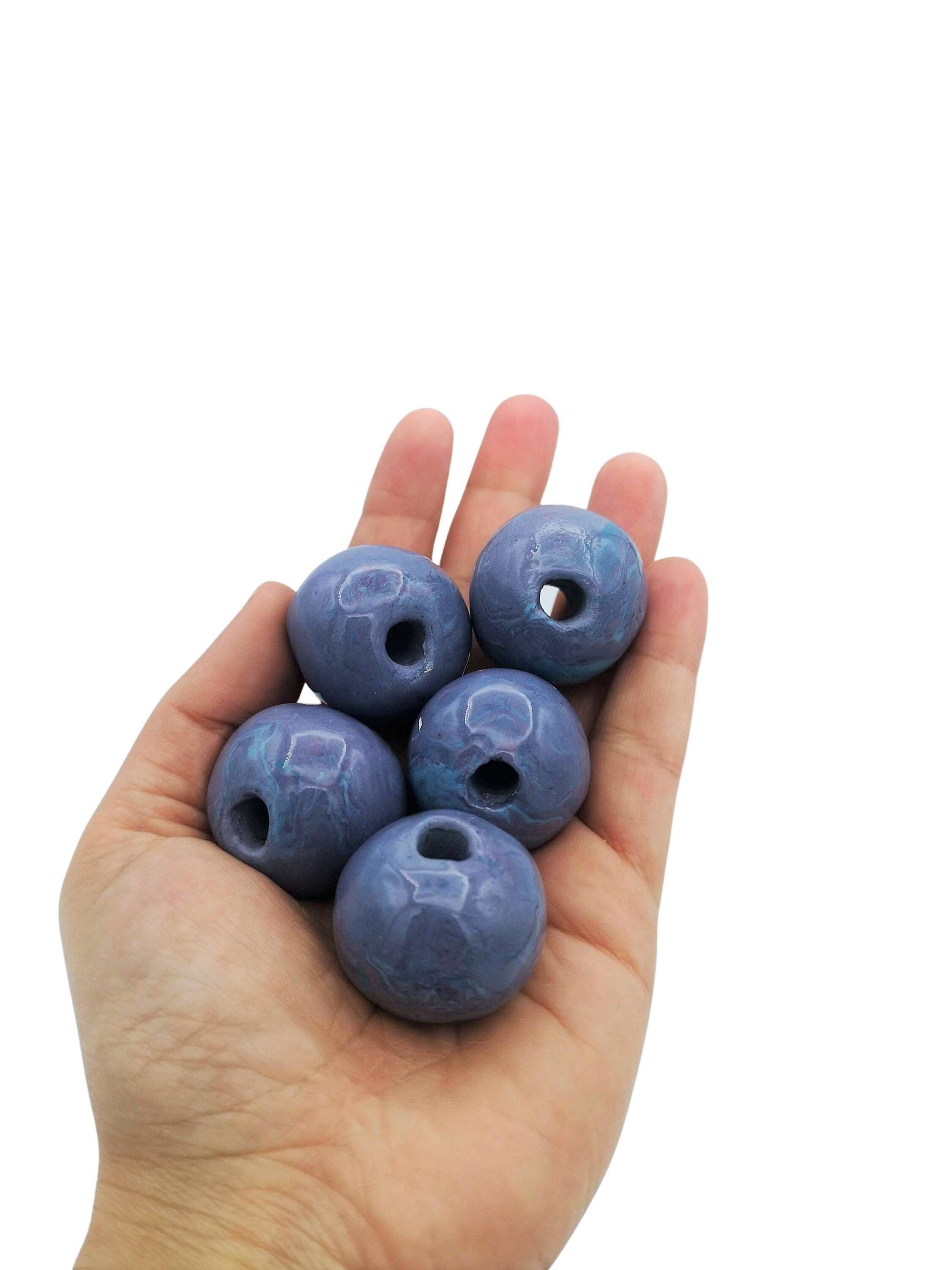 1Pc 30mm Extra Large Bead For Macrame, Marbled Handmade Ceramic 7mm Large Hole Beads For Chunky Jewelry Making, Unique Purple And Blue Beads