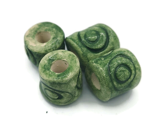 4Pc 15mm Green Macrame Tube Beads Large Hole, Barrel Beads For Jewelry Making, Handmade Ceramic Beads For Decorating Or Crafting, Clay Beads - Ceramica Ana Rafael