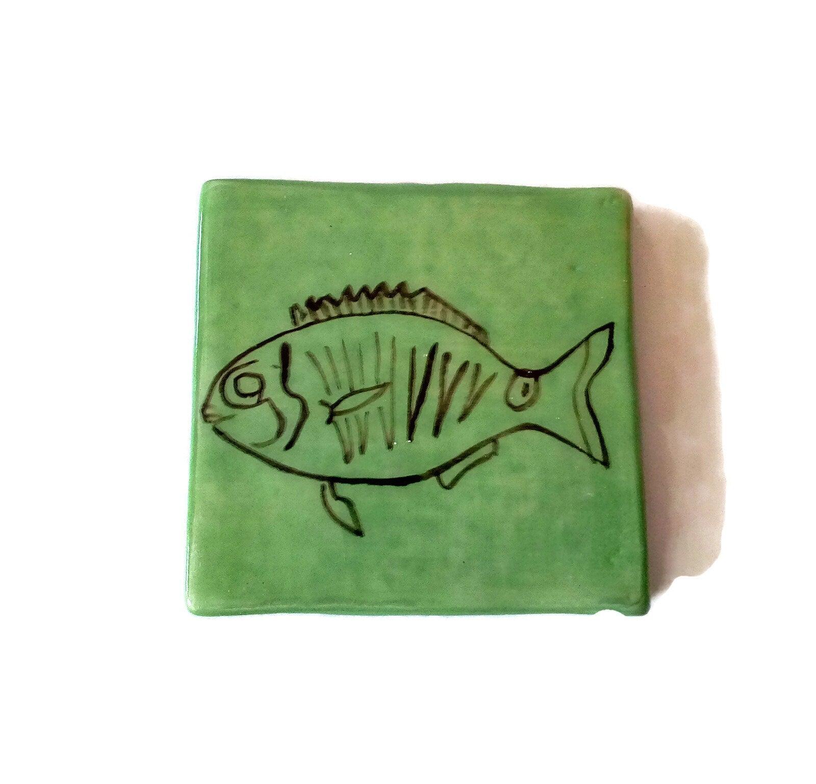 1Pc Hand Painted Tiles, Square Mosaic Tiles, Ceramic Fish Tiles, Mediterranean Best Gifts For Him, Best Seller Wall Tiles - Ceramica Ana Rafael