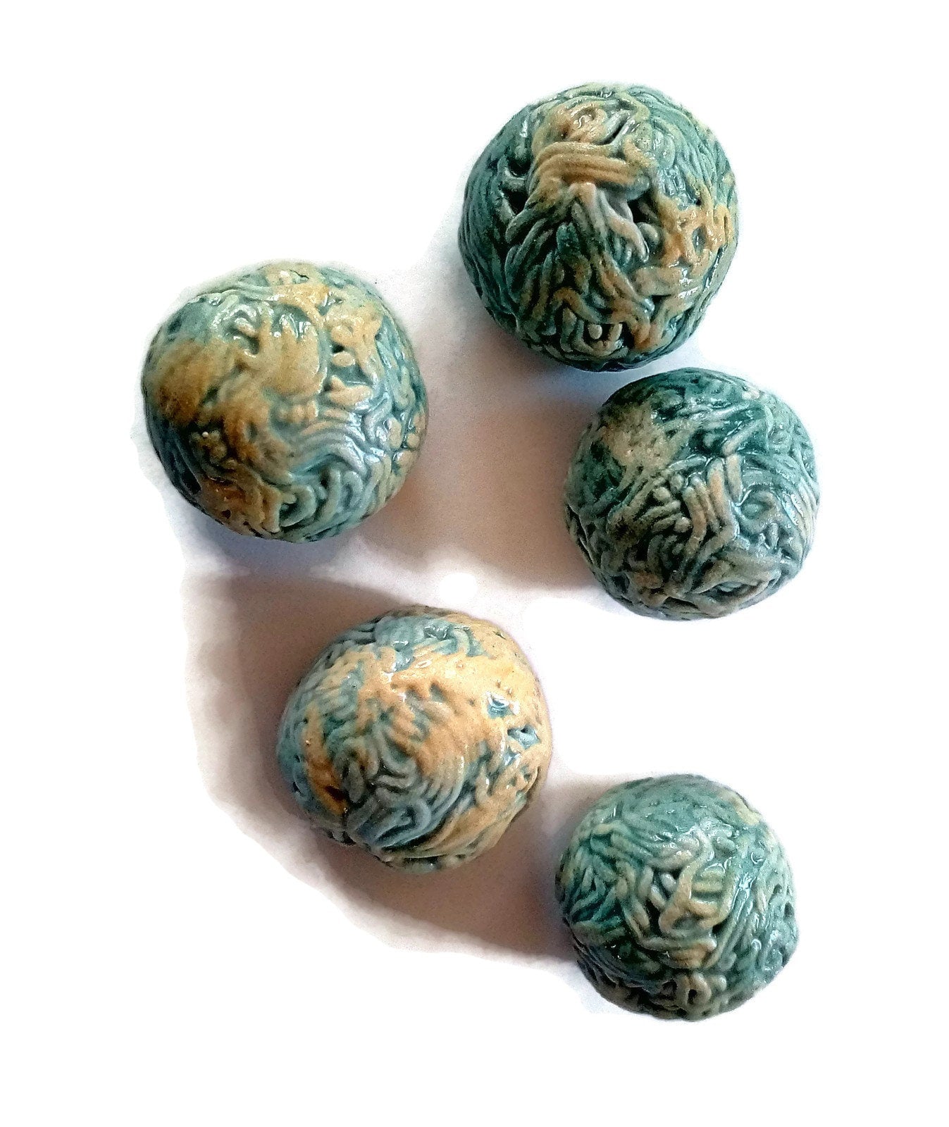 5Pc Green Assorted Round Cabochon Strange And Unusual, Handmade Ceramic Beads No Hole For Jewelry Making, Porcelain - Ceramica Ana Rafael