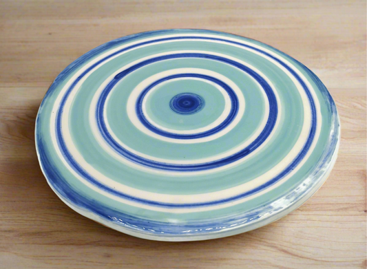 Handmade Ceramic Large Tile Trivet for Hot Dishes, Hand Painted White And Blue Stripes Cooking Gift, Decorative Pottery Round Cheese Board