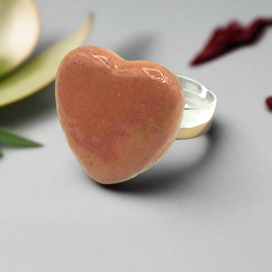 Handmade Terracotta Heart Ring – Adjustable Stainless Steel Statement Jewelry