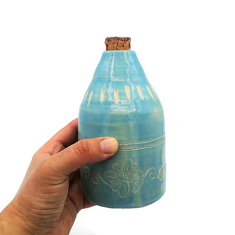 Handmade Ceramic Turquoise Blue Bottle With Natural Cork Stopper, Housewarming Gift First Home, Decorative Mothers Day Gift For Grandma - Ceramica Ana Rafael