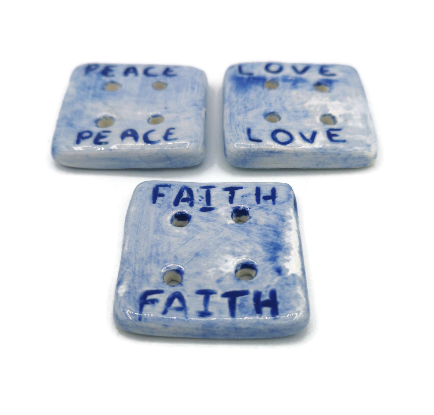 3Pc Extra Large Square Blue Ceramic Sewing Buttons Lot, Novelty Decorative Positive Words Sewing Supplies And Notions, Cute Gifts For Her - Ceramica Ana Rafael