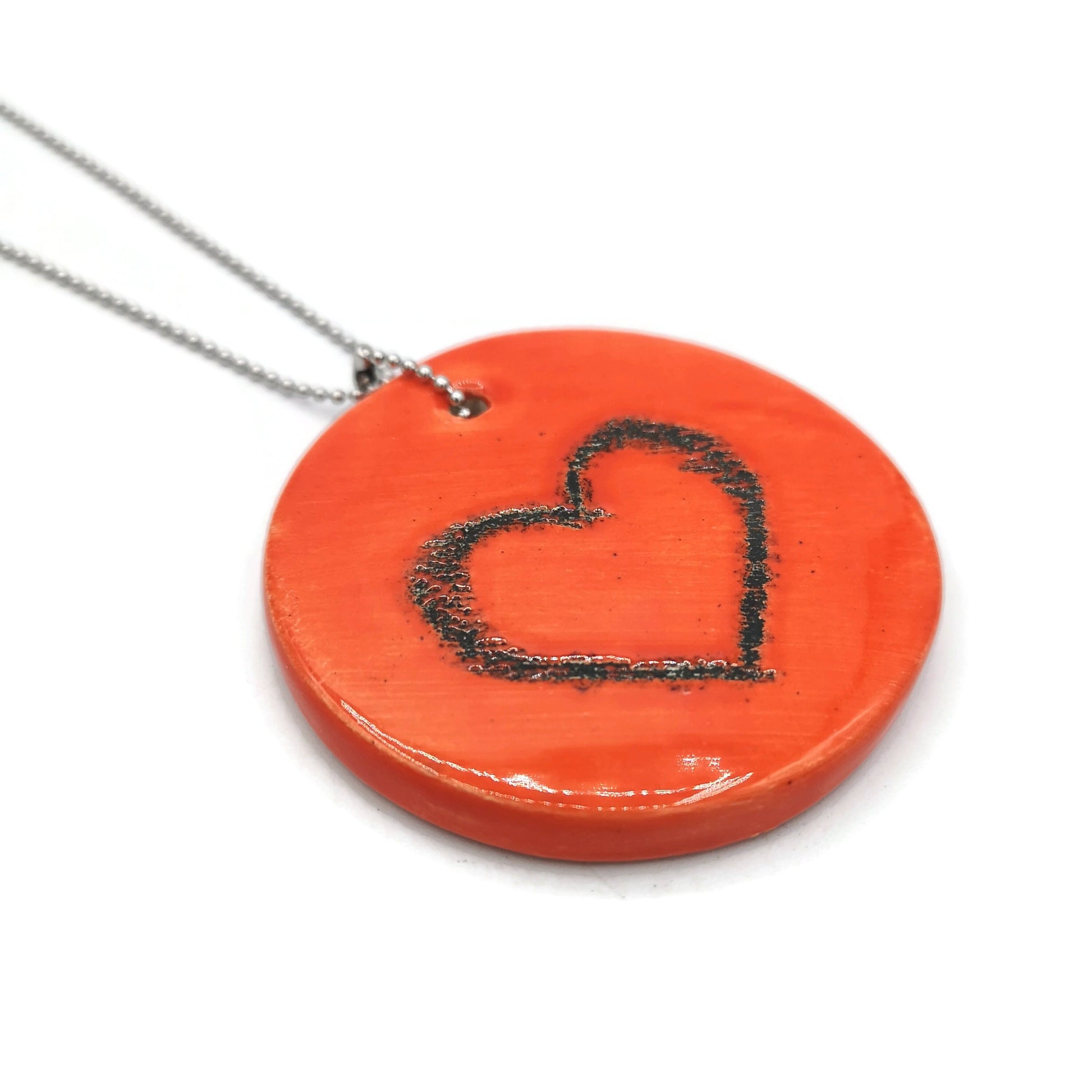Handmade Ceramic Red Heart Necklace Pendant For Her, Cute Round Pendant, Boho Aesthetic Everyday Necklace, Mothers Day Gift Idea - Ceramica Ana Rafael