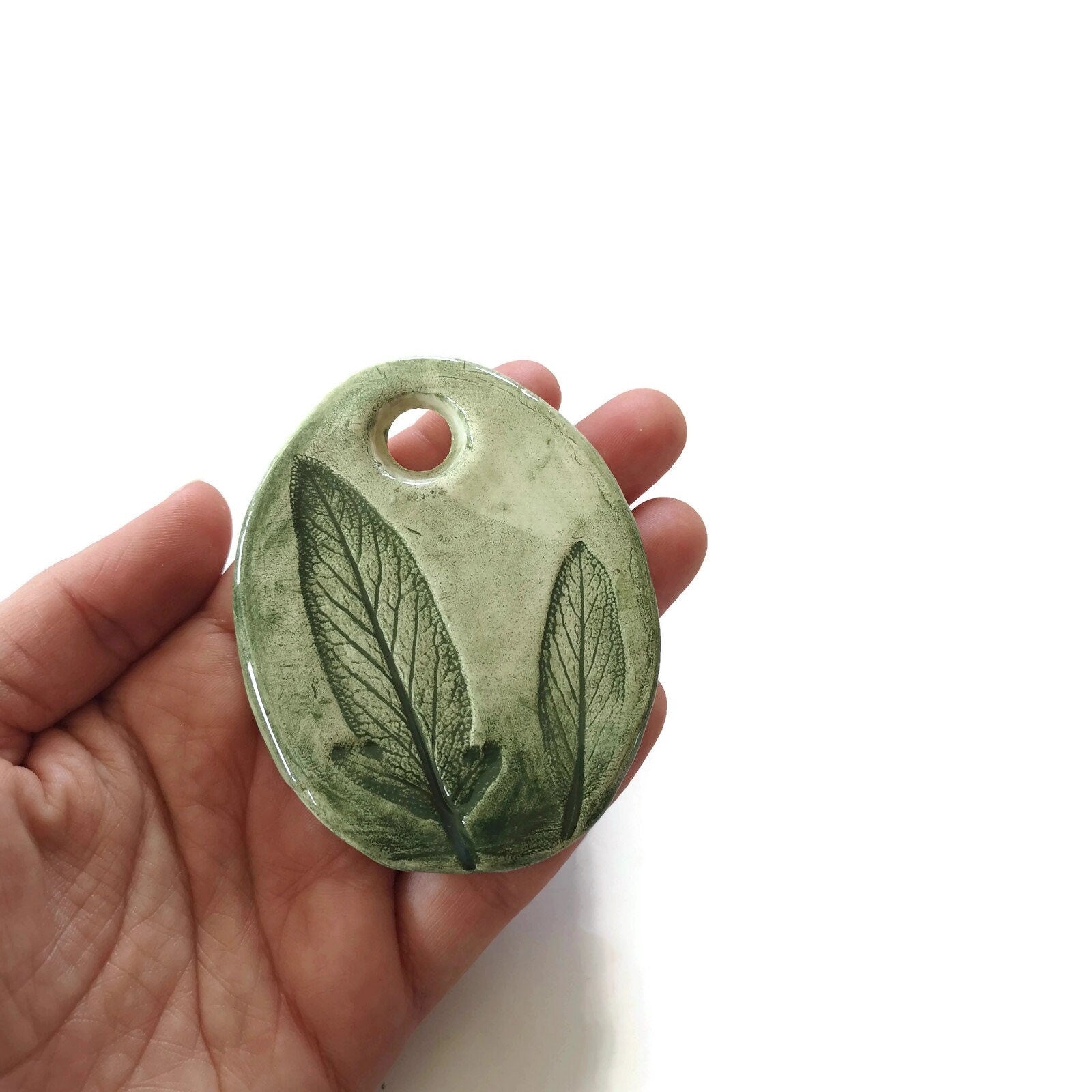 Artisan Extra Large Green Necklace Pendant For Handmade Ceramic Jewelry Making, Pressed Sage Leaves Clay Charms, Statement Eclectic Jewelry - Ceramica Ana Rafael