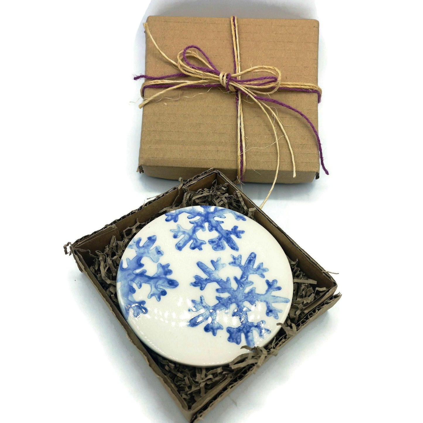 1Pc Handmade Ceramic Coaster Round with Hand-Painted Blue Snowflakes and Cork Backing - Durable and Stylish Christmas Home Decor Accessory
