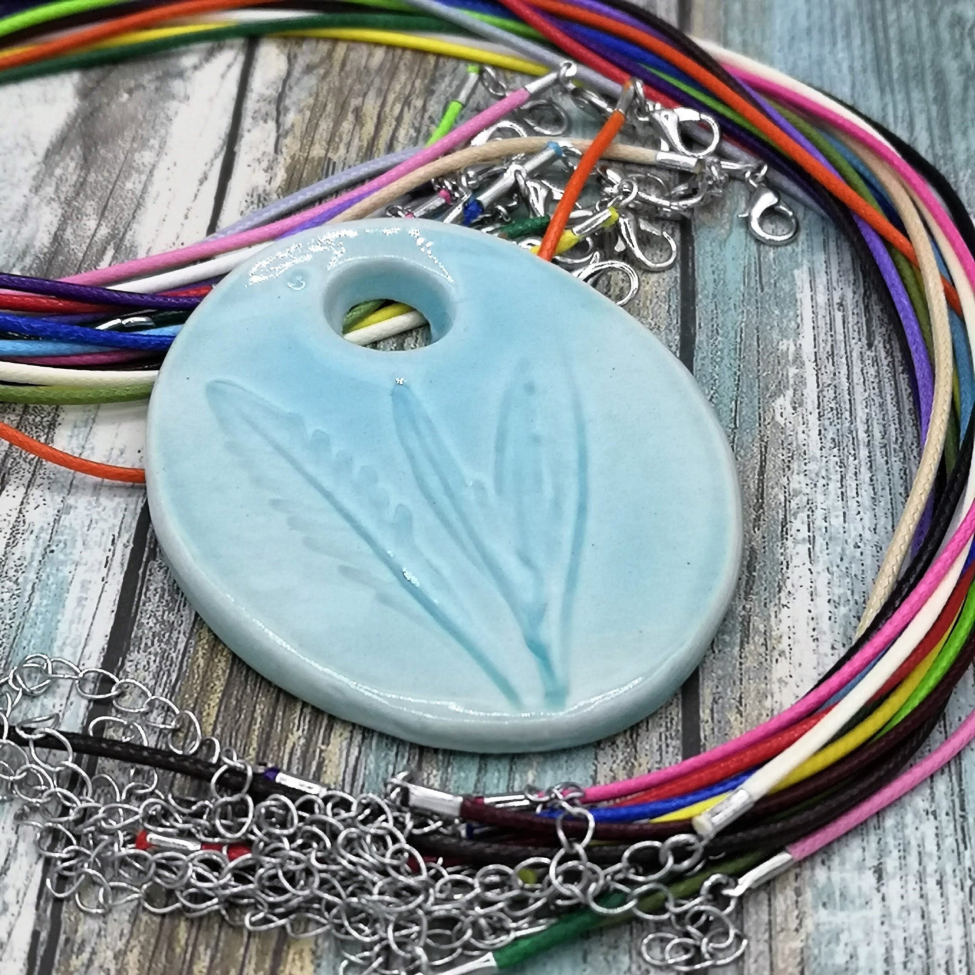 Large Necklace Pendant For Jewelry Making, Turquoise Blue Pressed Lavender Leaves Eclectic Ceramic Charms, Artisan Statement Pendant - Ceramica Ana Rafael