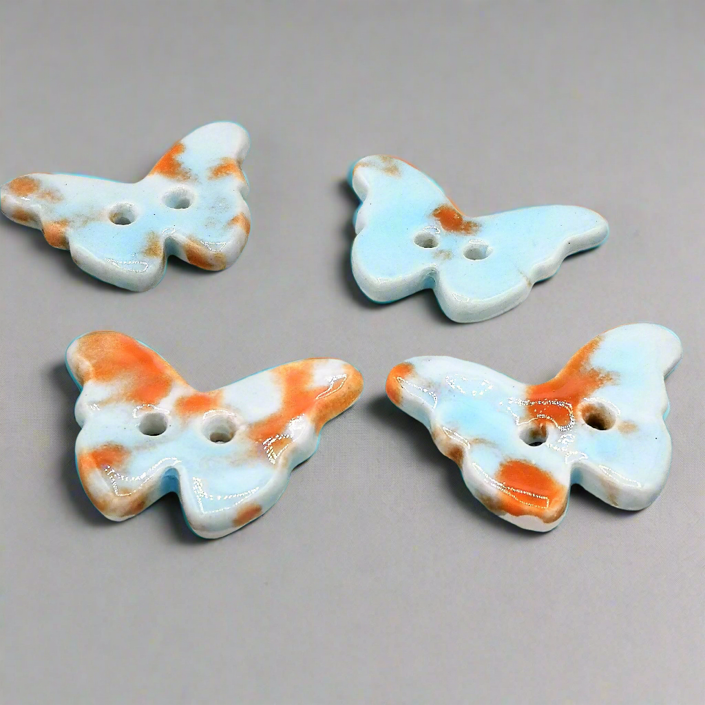 Handmade Butterfly Ceramic Buttons – Turquoise Blue with Orange Accents, Set of 4, Large Fancy Designer Buttons