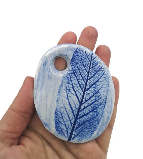 Extra Large Necklace Pendant For Statement Jewelry Making, Blue Handmade Ceramic Leaf Design Charm For Women, Unique Clay Charms - Ceramica Ana Rafael