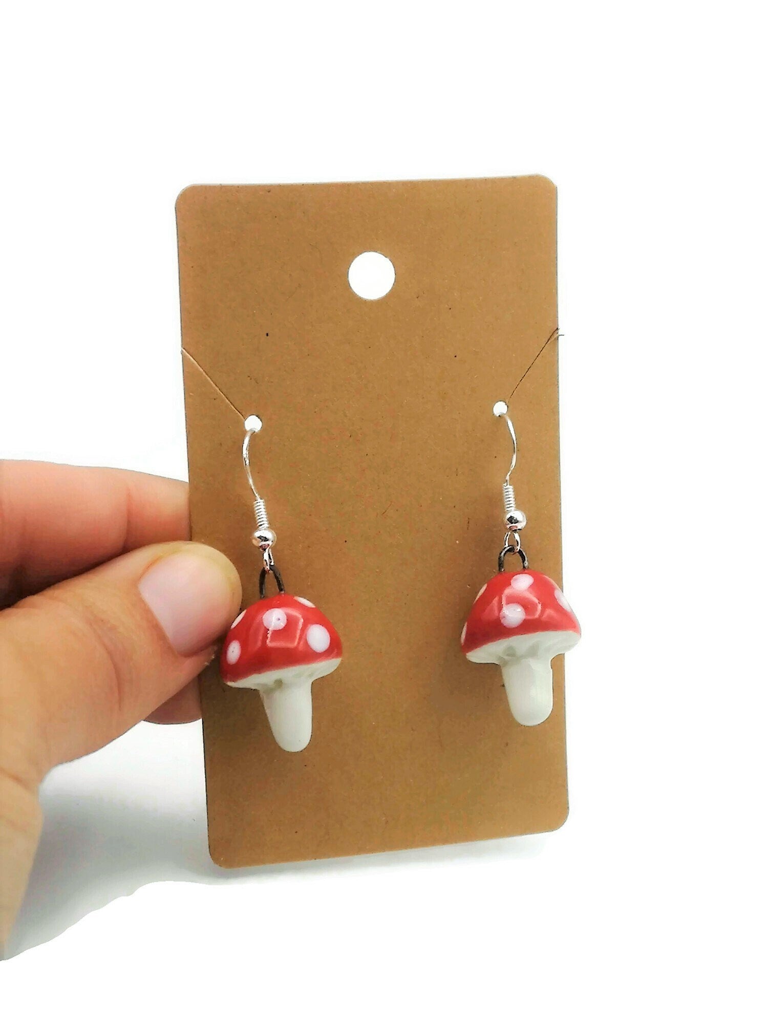 Handmade Ceramic Red Mushroom Earrings For Women, Cottagecore Artisan Jewelry Gift For Her, Best Boho Sterling Silver Cute Dangle Earrings - Ceramica Ana Rafael