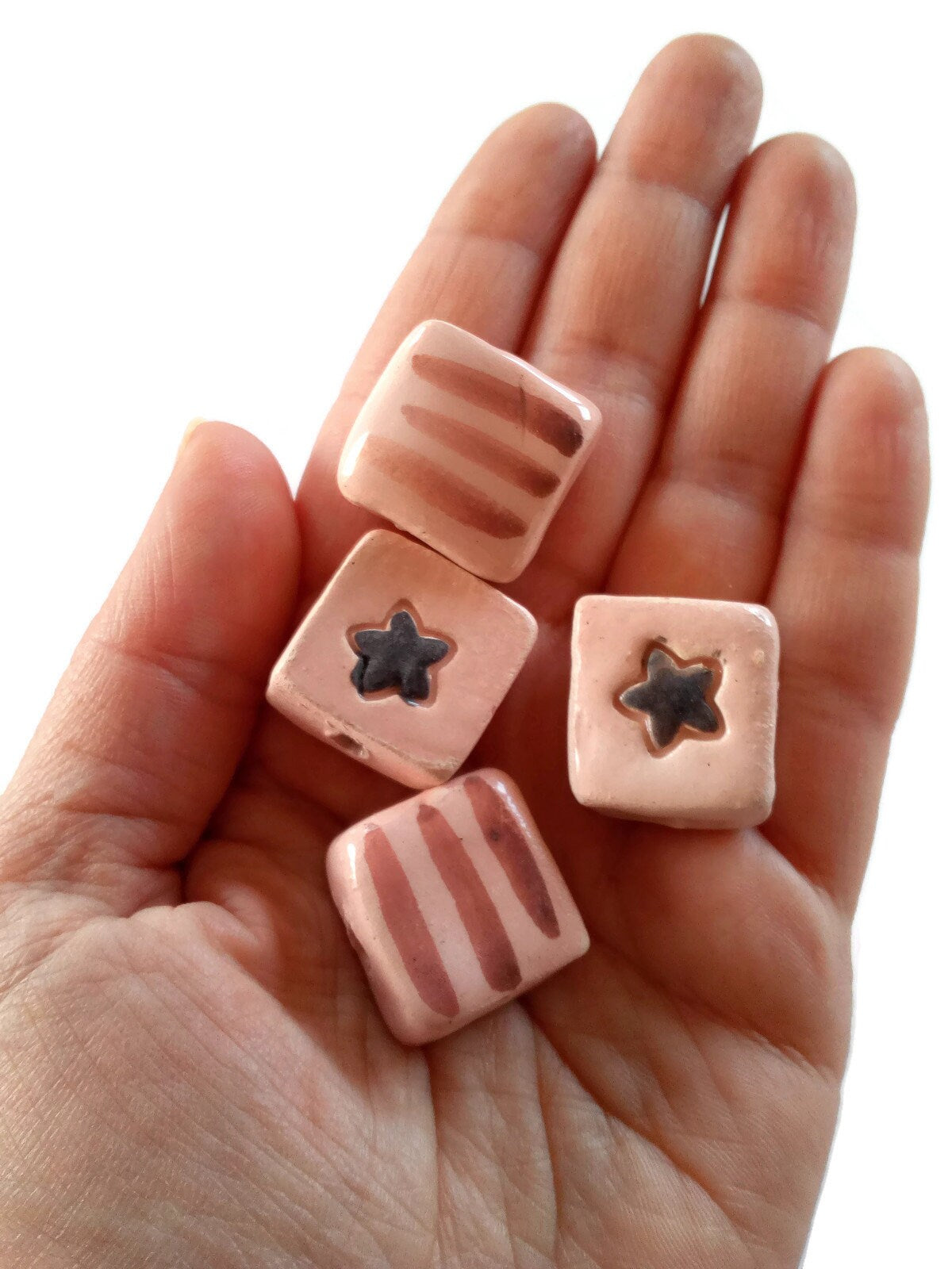 Set Of 4 Assorted Beads, Clay Beads For Crafts, Handmade Ceramic Macrame Beads, Square Shape Large Beads, Unusual Pottery Beads - Ceramica Ana Rafael