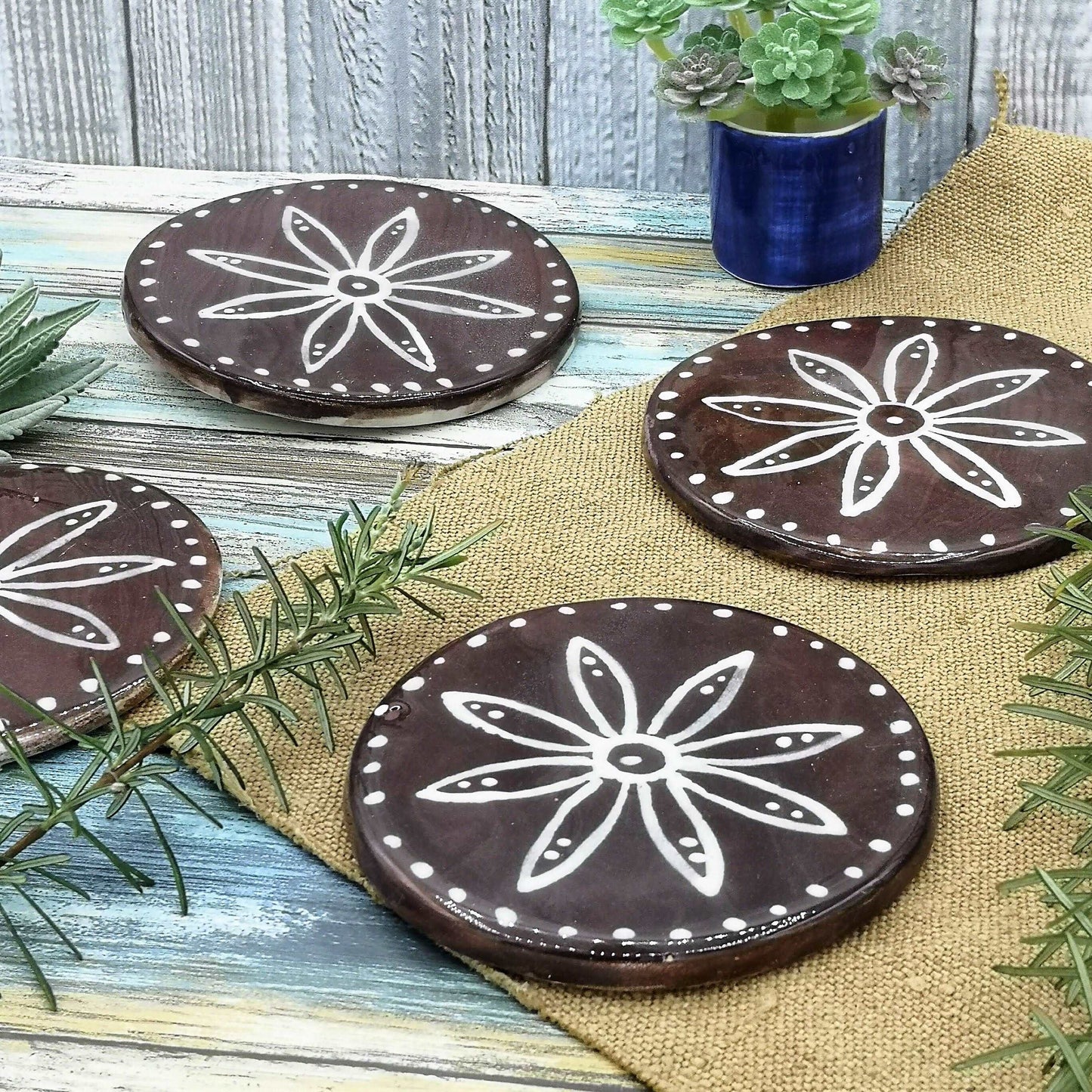 1Pc Handmade Ceramic Round Coaster Tile, Office Desk Acessories For Women With Floral Motif, Botanical Coaster, Housewarming Gift First Home