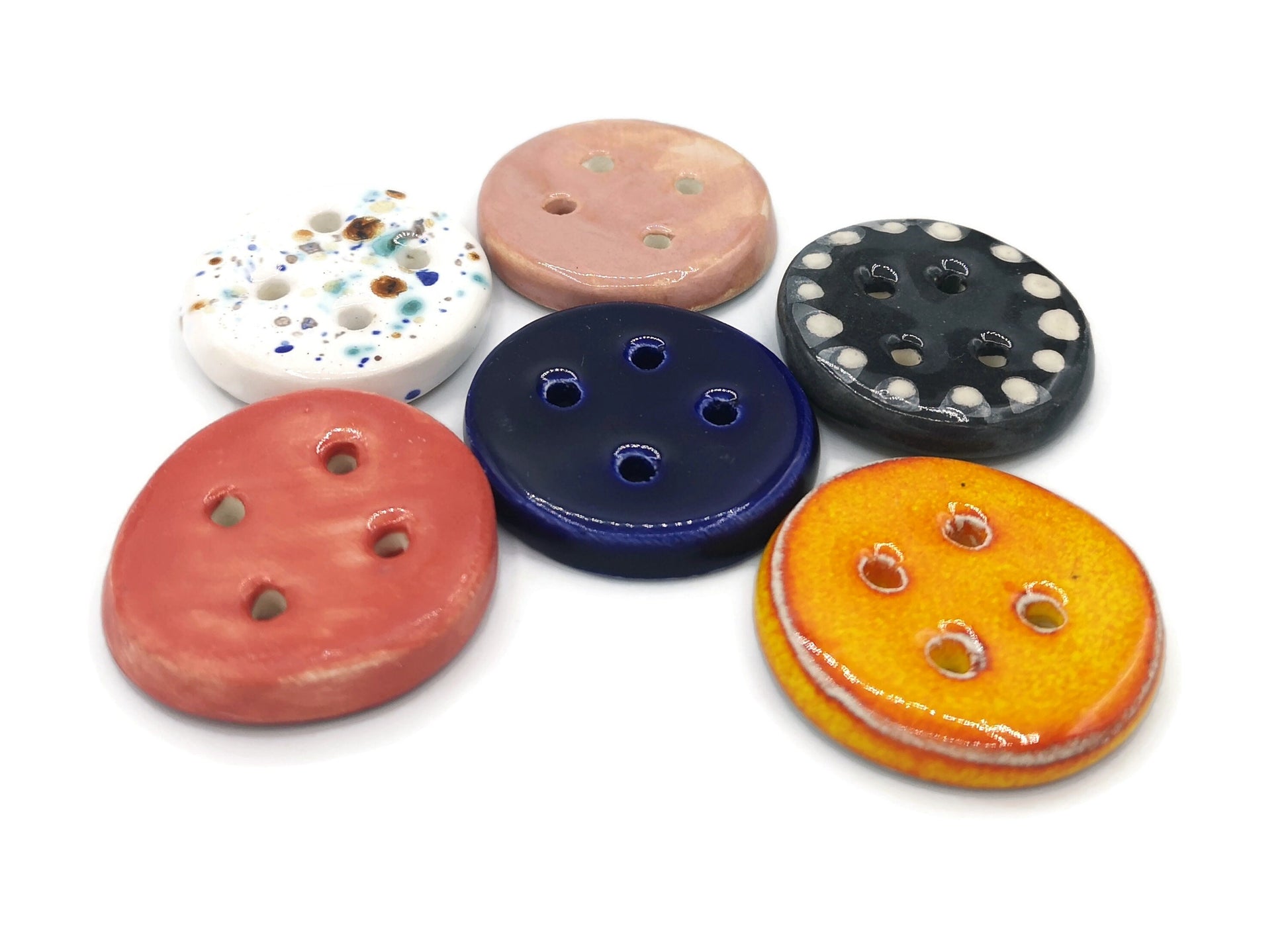 6Pc 40mm Glazed Extra Large Clay Sewing Buttons, Assorted Handmade Ceramic Buttons, Unique Strange And Unusual 4-hole Flat Back Buttons - Ceramica Ana Rafael