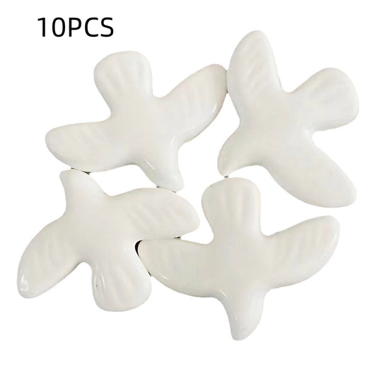 10 White Ceramic Dove Beads - Handmade Bird Craft Supplies