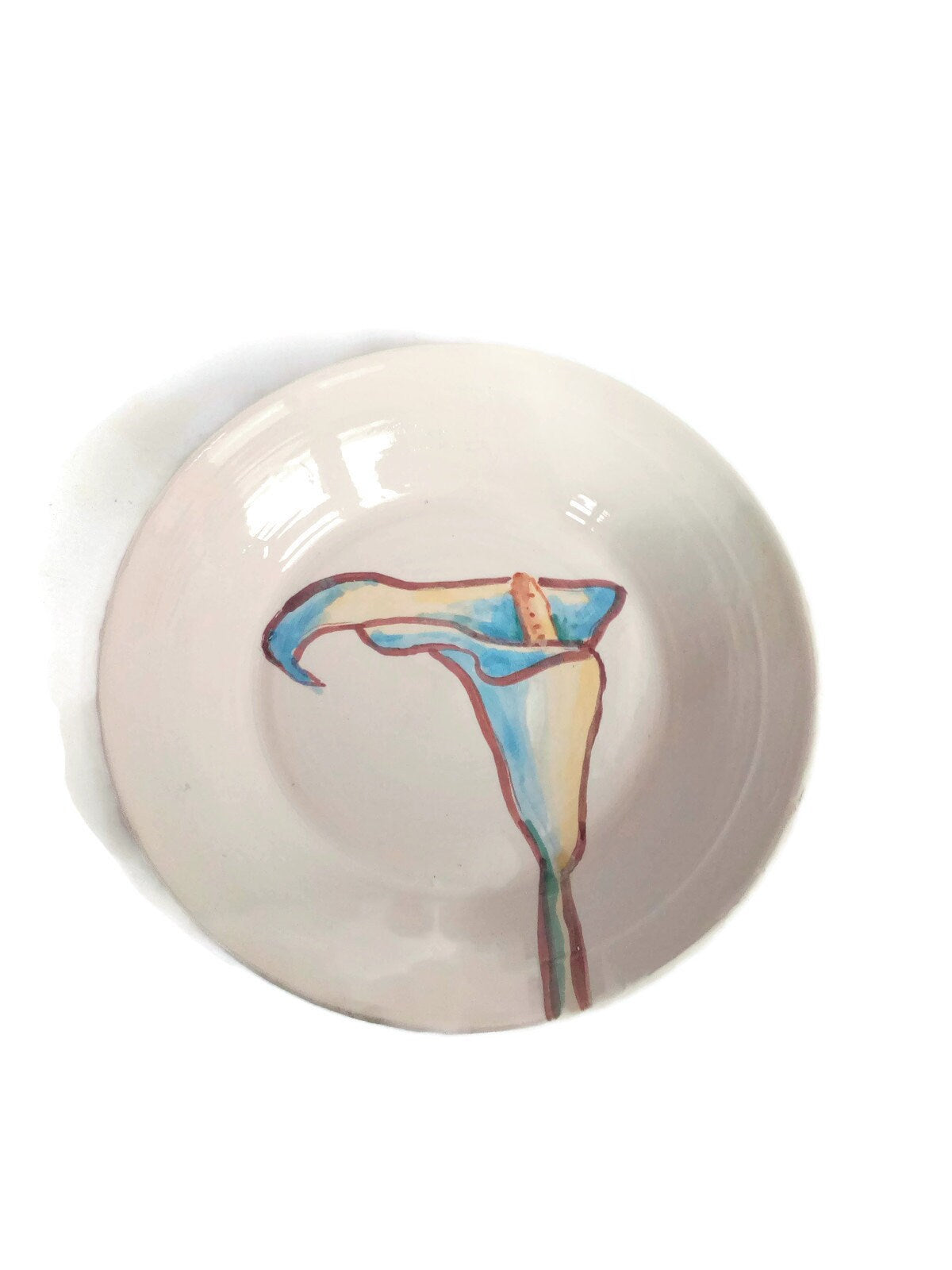 Handmade Ceramic Round Plate Hand Painted Calla Lily, Portuguese Pottery Wall Decor Use For Serving Dish, Unique Dinner Plates For Display - Ceramica Ana Rafael
