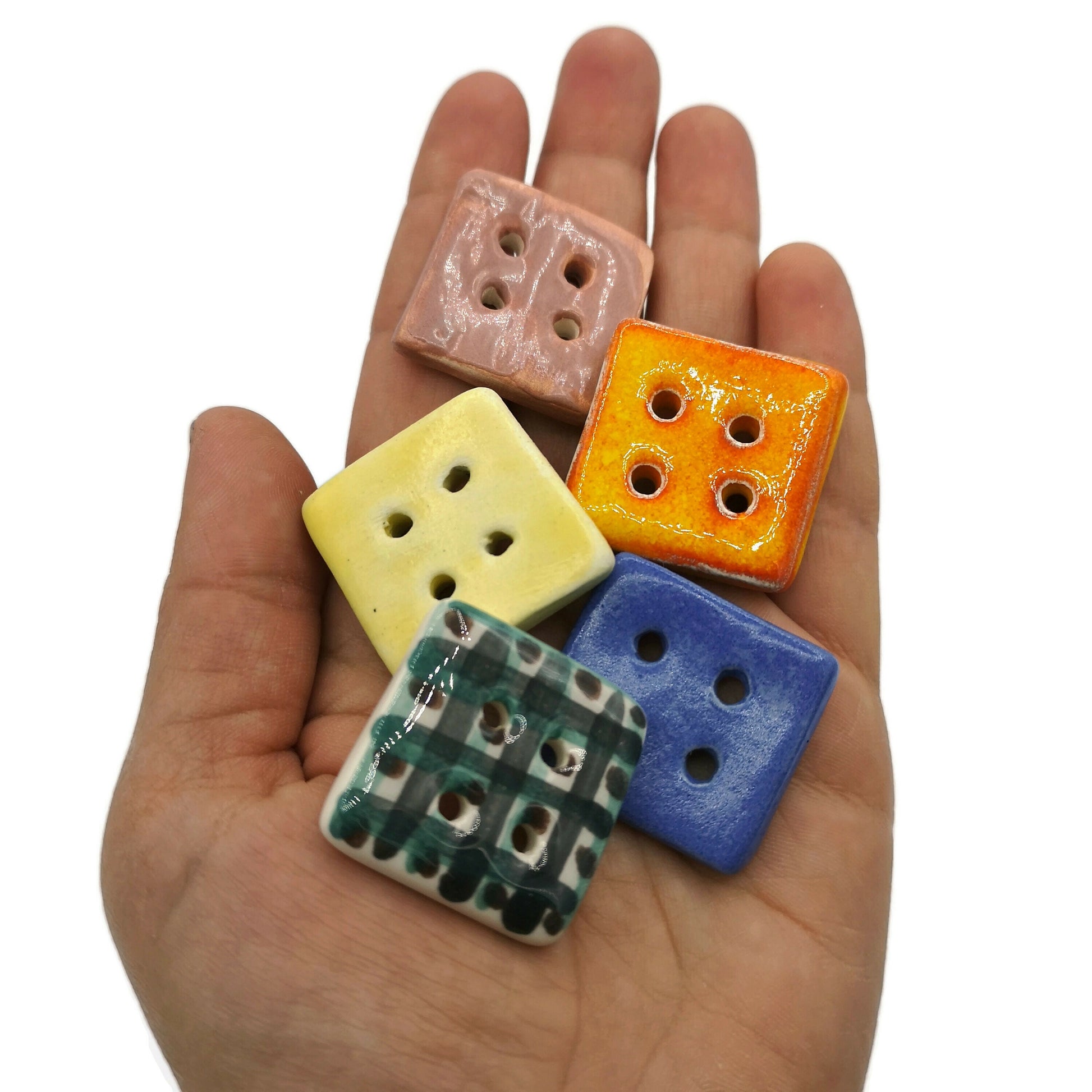 5Pc 30mm Extra Large Sewing Buttons Square Shape 4 Holes Flat Back, Unique Colorful Handmade Ceramic Buttons With Hand Painted Glossy Glaze - Ceramica Ana Rafael