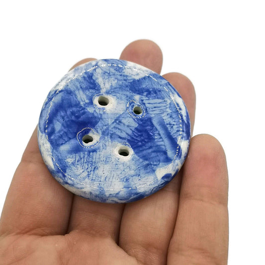 1Pc Coat Button Large, Blue Novelty Buttons, Round Handmade Ceramic Sewing Supplies And Notions, Sewing Buttons For Blouse