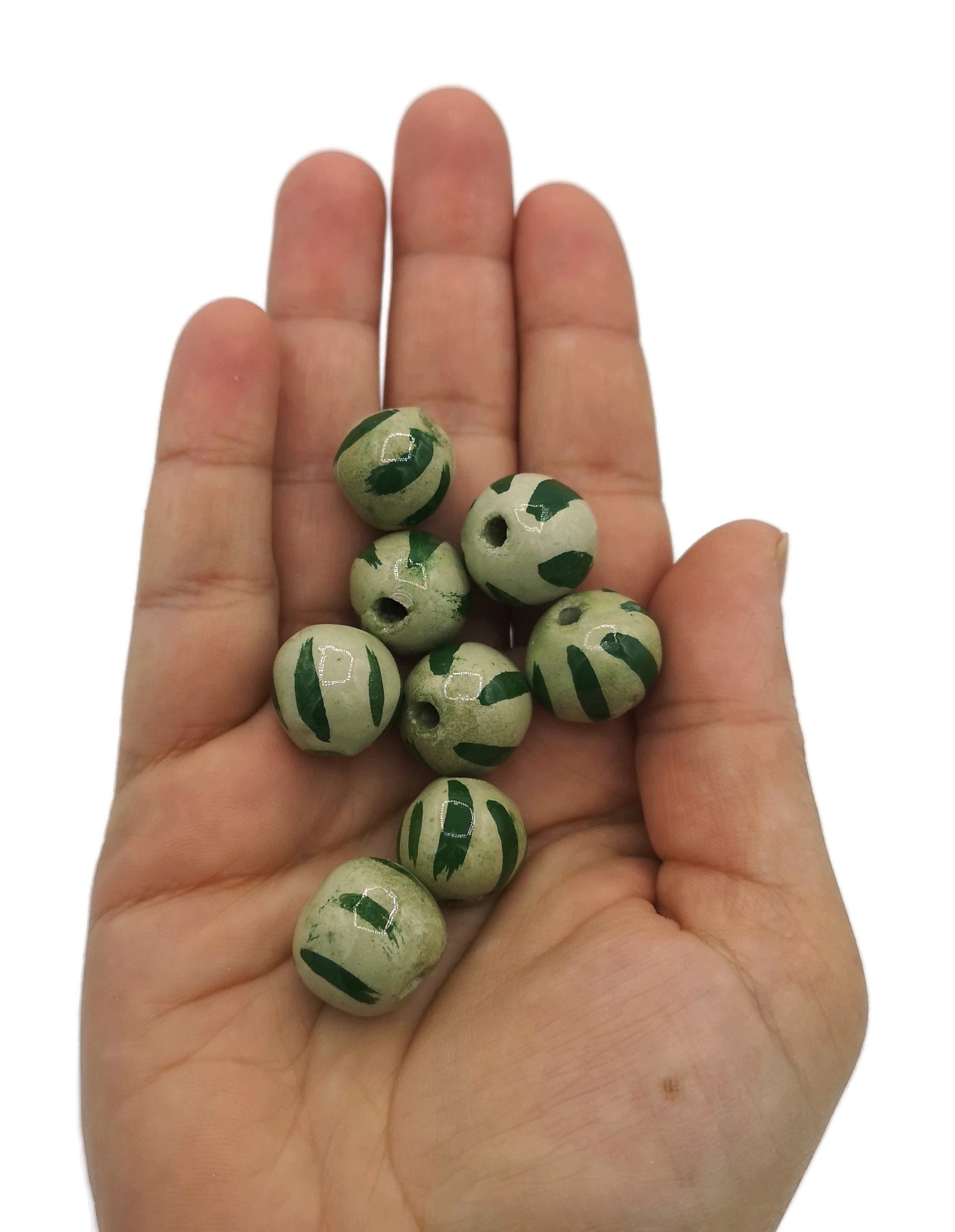 Round Ceramic Beads, Set Of 8 Craft Beads For Jewelry Making, Unique Decorative Clay Beads, Green Macrame Beads, Sacer Beads - Ceramica Ana Rafael