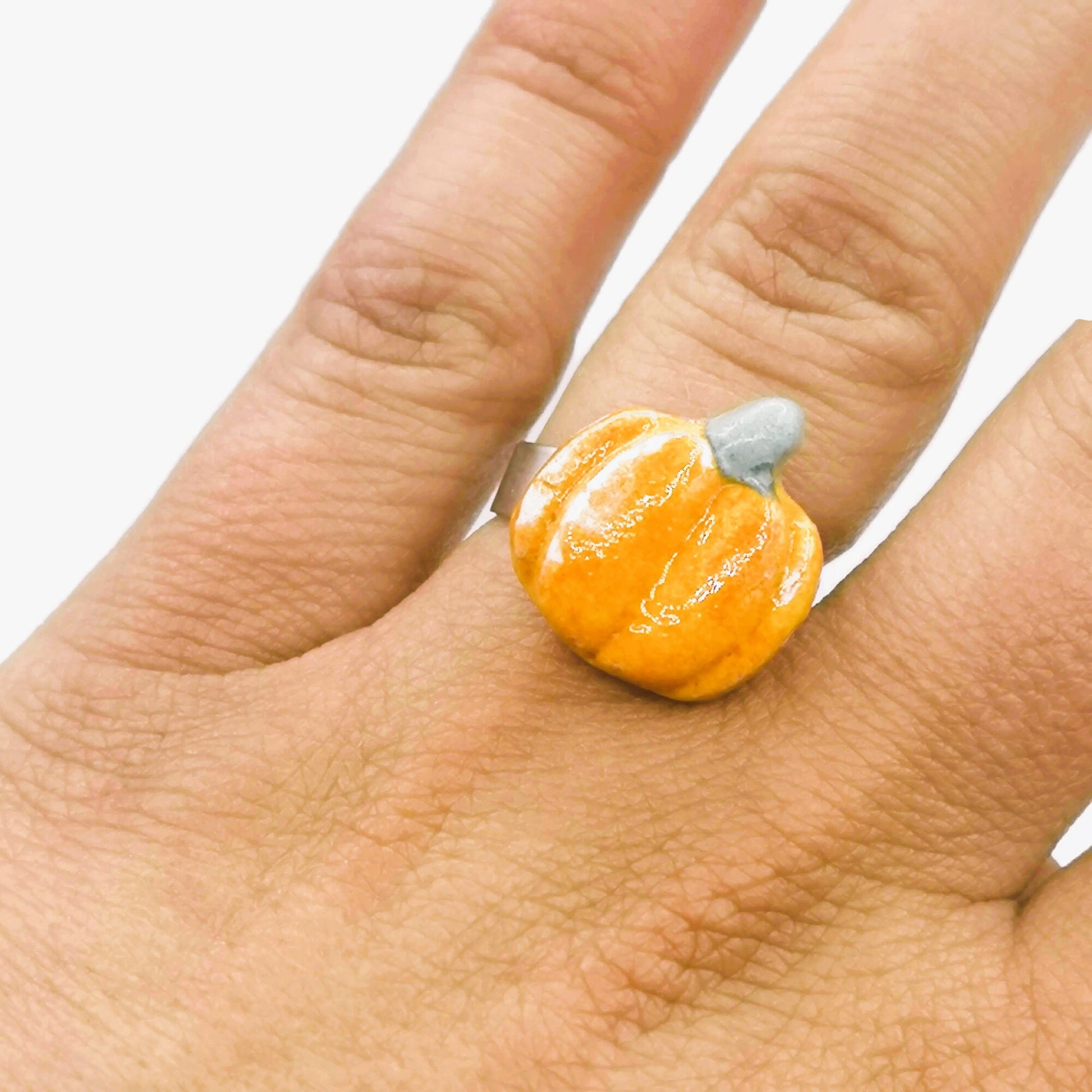 Handmade Ceramic Orange Pumpkin Statement Ring For Women, Stainless Steel Adjustable Ring For Halloween, Porcelain Fall Gifts For Her - Ceramica Ana Rafael