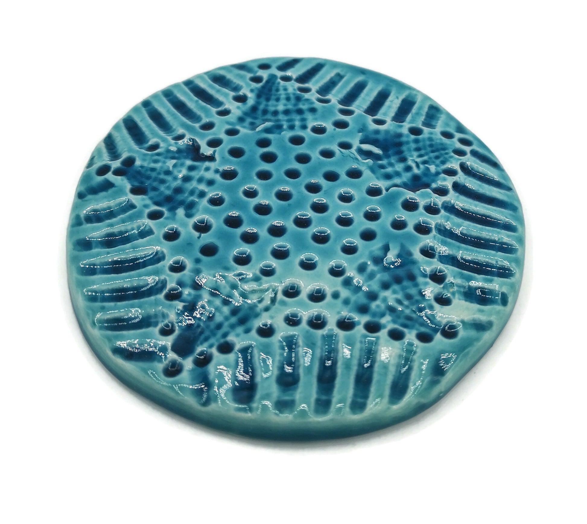 Handmade Modern Ceramic Round Coasters, Blue Textured Aesthetic Office Desk Accessories For Men, Housewarming Gift First Home - Ceramica Ana Rafael