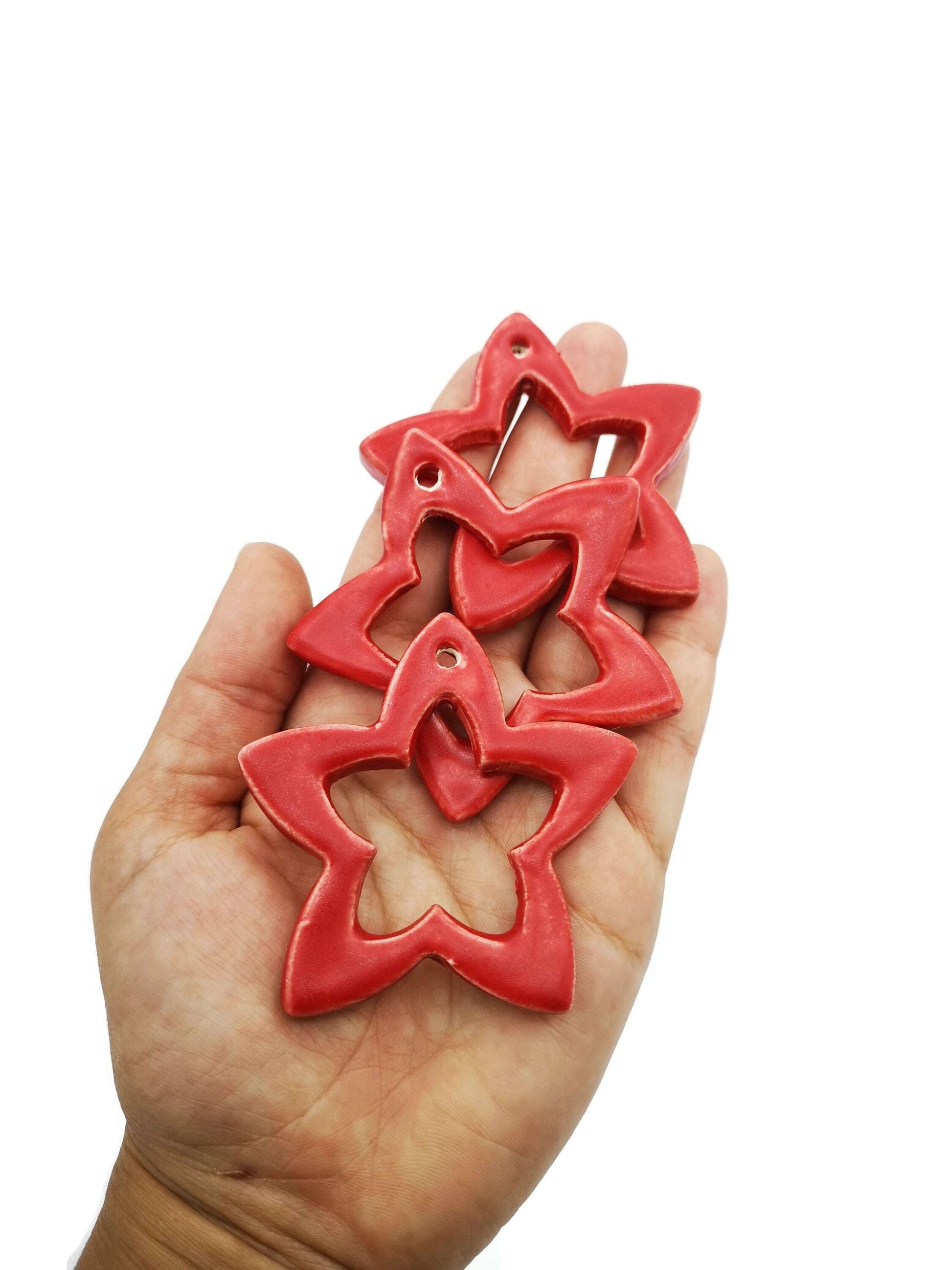 3Pc Handmade Ceramic Red Star, Hollow Star Ornaments for Christmas Tree Or Wall Decor, Clay Ornaments, Both Sides Glazed - Ceramica Ana Rafael