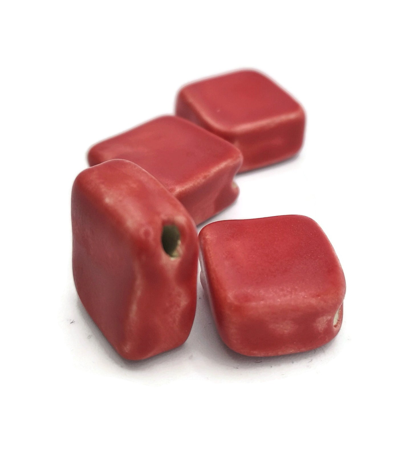4Pc 20mm Large Square Handmade Ceramic Beads For Jewelry Making, Clay Decorative Unique Beads, Matte Red Macrame Beads Large Hole 2mm - Ceramica Ana Rafael