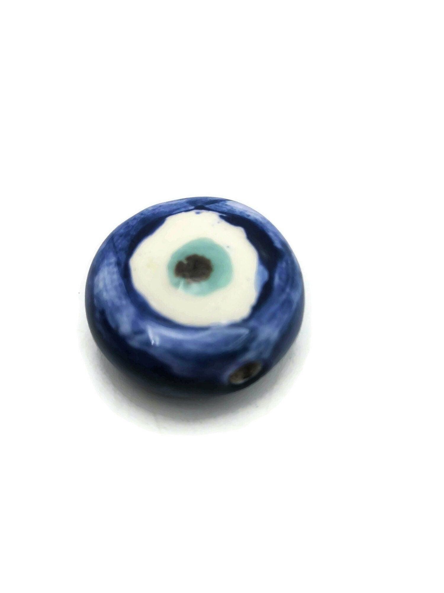 1Pc Blue Evil Eye Beads For Jewelry Making, Handmade Ceramic Macrame Beads, Extra Large Clay Beads, Round Unusual Decorative Porcelain Beads - Ceramica Ana Rafael