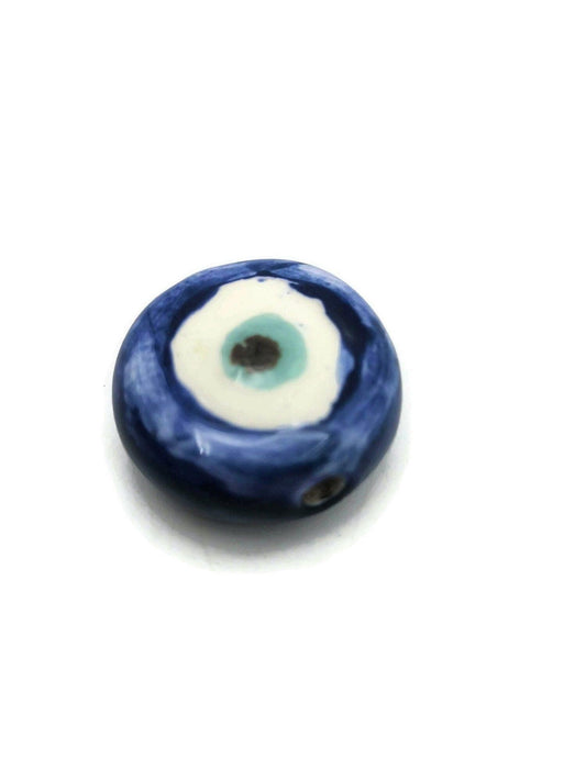 1Pc Blue Evil Eye Beads For Jewelry Making, Handmade Ceramic Macrame Beads, Extra Large Clay Beads, Round Unusual Decorative Porcelain Beads - Ceramica Ana Rafael