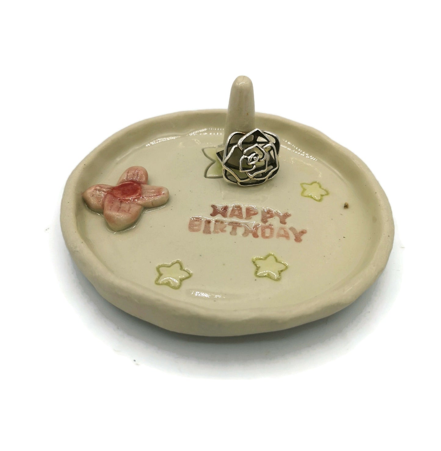 Handmade Ceramic Floral Ring Holder Dish Happy Birthday Gift Hor Her, Cute Gift for Girl, Unique Trinket Dish for Niece, Tween Girl Gift - Ceramica Ana Rafael