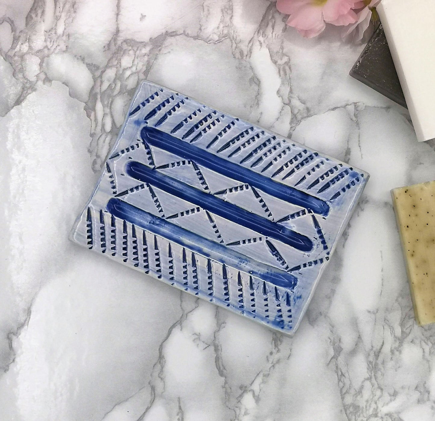 Blue Handmade Ceramic Soap Dish for Shower, Rectangular Sponge Holder, Eco Friendly Shampoo Bar Holder, Sustainable Best Gift For Him - Ceramica Ana Rafael