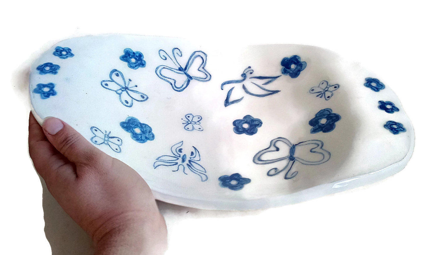 Handmade Ceramic Fruit Bowl, Large Decorative Bowl For Home Decor, White Bowl With Hand Painted Butterflies and Flowers - Ceramica Ana Rafael