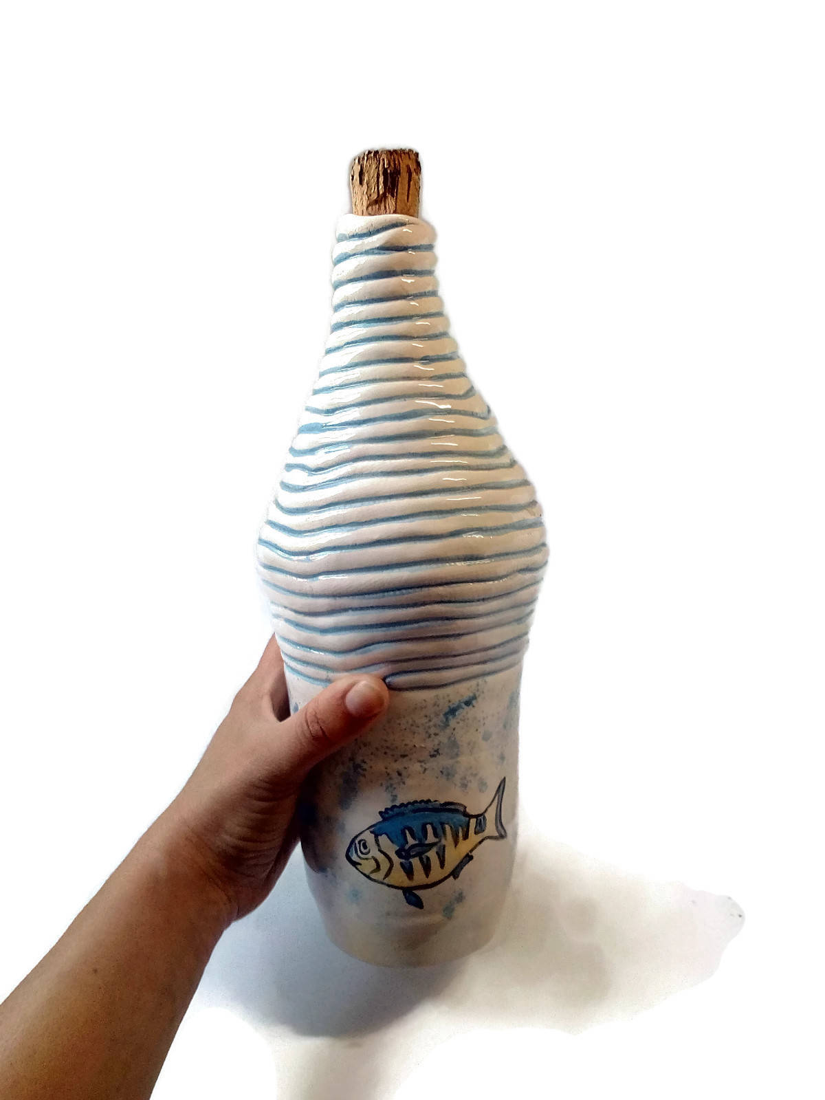 Decorative Bottles With Cork Stopper, Handmade Ceramic Vase With Handpainted Fish, Best Gifts For Him, Housewarming Gift First Home - Ceramica Ana Rafael