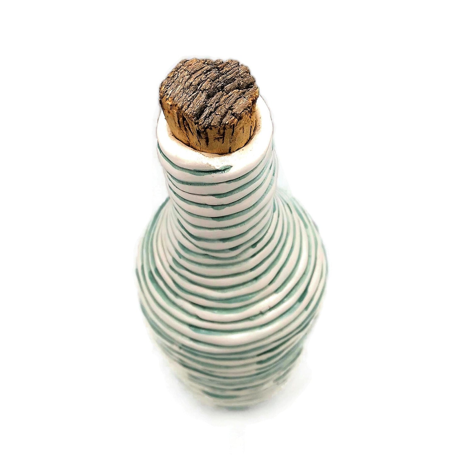 Handmade Ceramic Decorative Bottle With Natural Cork Stopper, White And Green Artisan Portuguese Pottery For Home Decor Unique Textured Vase - Ceramica Ana Rafael
