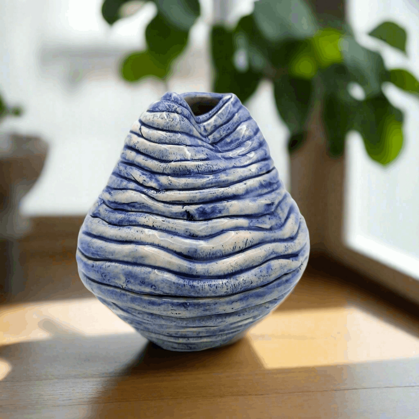 1pc Blue Handmade Ceramic Vase - Irregular Shaped Pottery, Abstract Sculpture Vessel, Best Seller, Mom Birthday Gift from Daughter