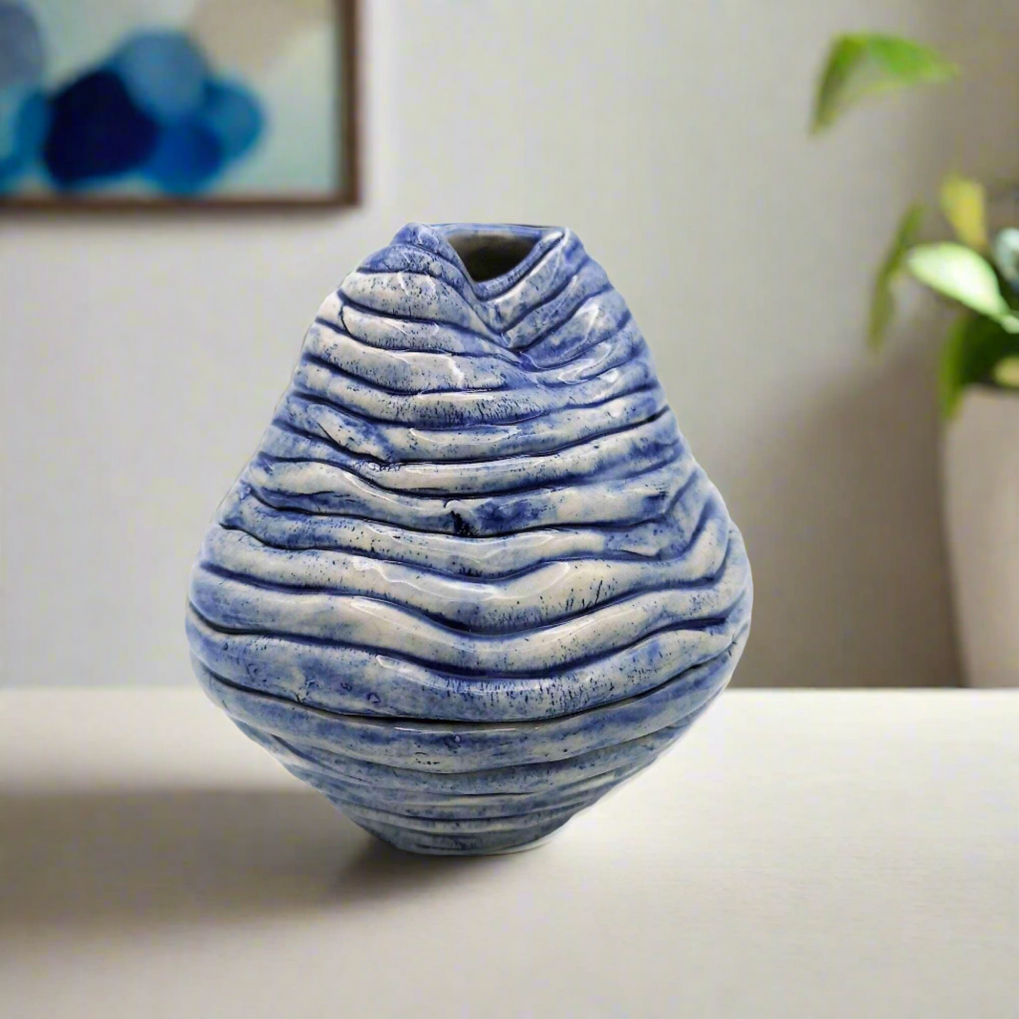 1pc Blue Handmade Ceramic Vase - Irregular Shaped Pottery, Abstract Sculpture Vessel, Best Seller, Mom Birthday Gift from Daughter