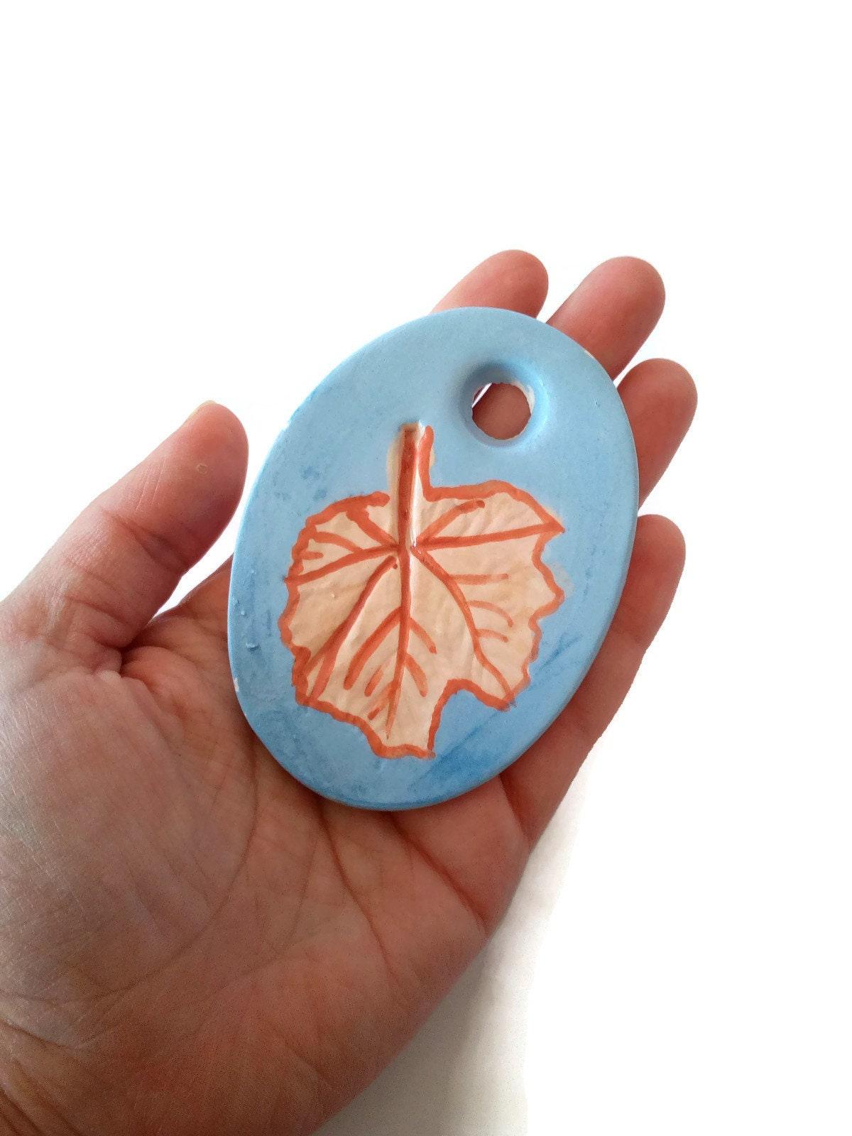 1Pc 80mm Extra Large Leaf Necklace Pendant For Jewelry Making, Handmade Ceramic Blue Oval Clay Charm For Unique Statement Jewelry - Ceramica Ana Rafael