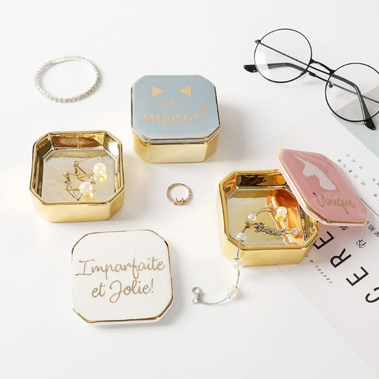 Square Ceramic Jewelry Box | 7x7cm Gift Box | Cat, Unicorn, Golden Lid