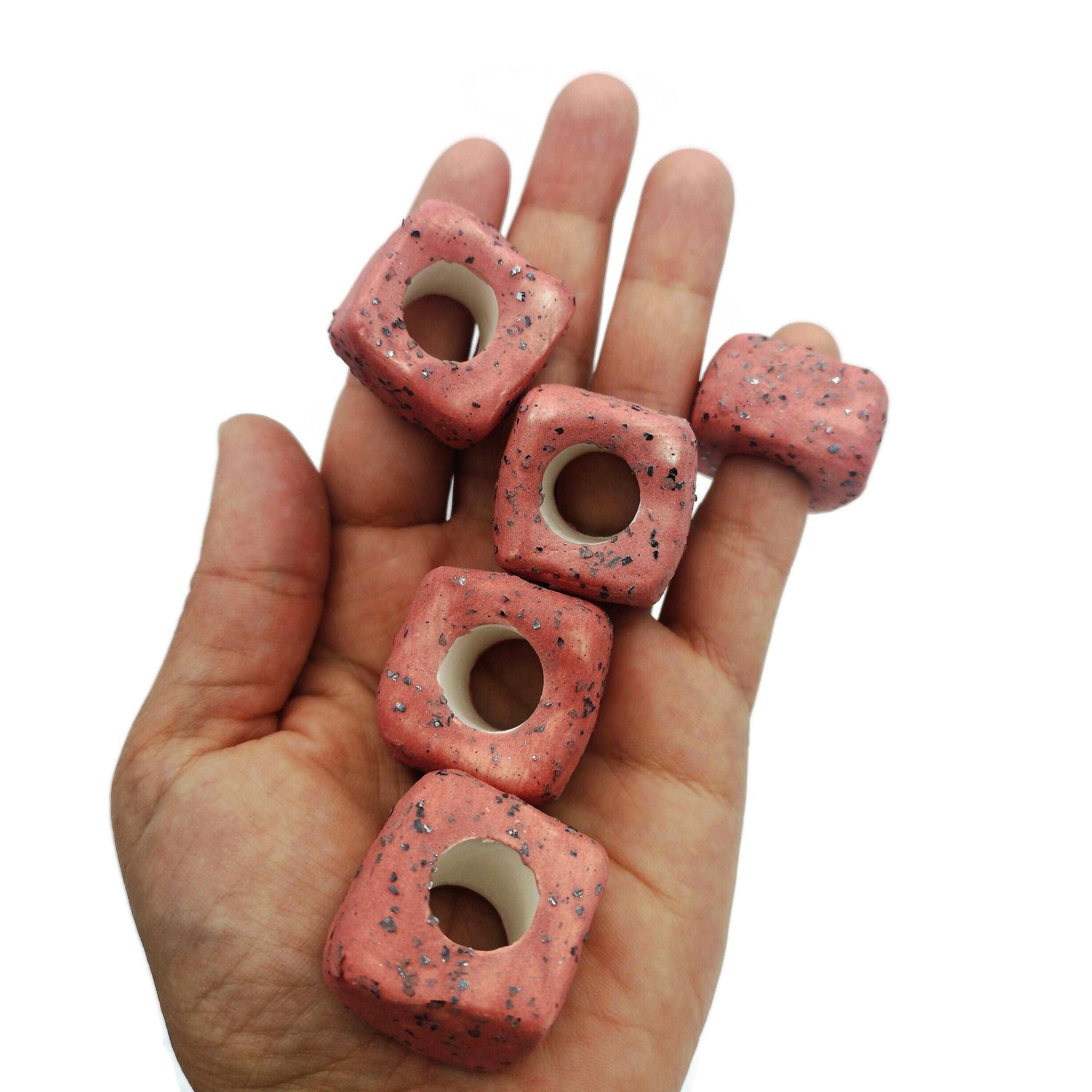 1Pc 25mm Extra Large Handmade Ceramic Beads For Macrame With Large Hole, Square Unique Chunky Clay Beads for Jewelry Making Sparkly Red Bead