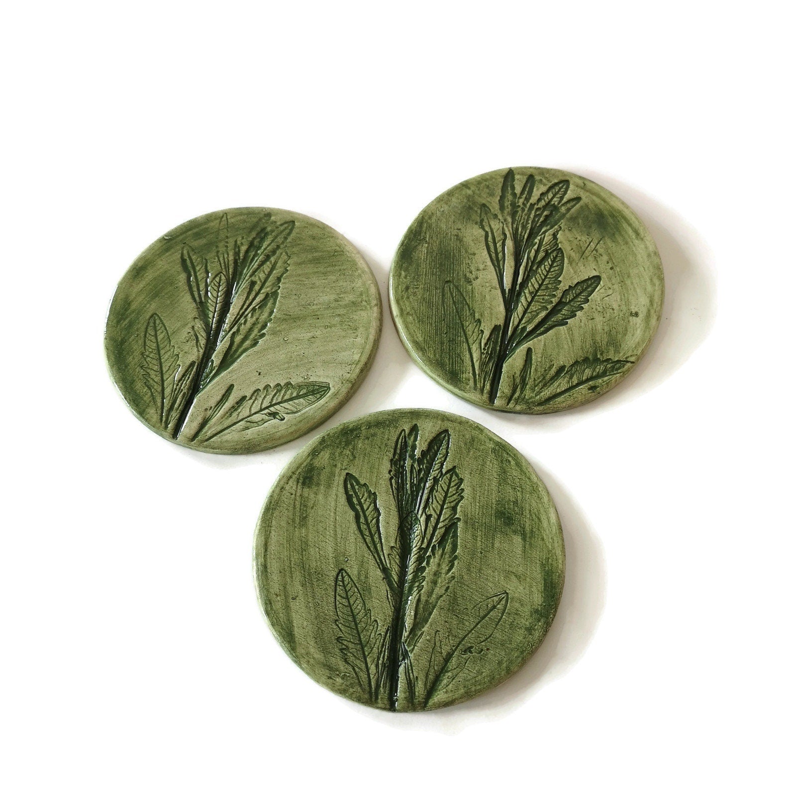3Pcs Handmade Ceramic Coasters, Round Tiles With Cork Back and Green Lavender Leaves Design, Beer Coasters, Unusual Modern Pressed Plant - Ceramica Ana Rafael