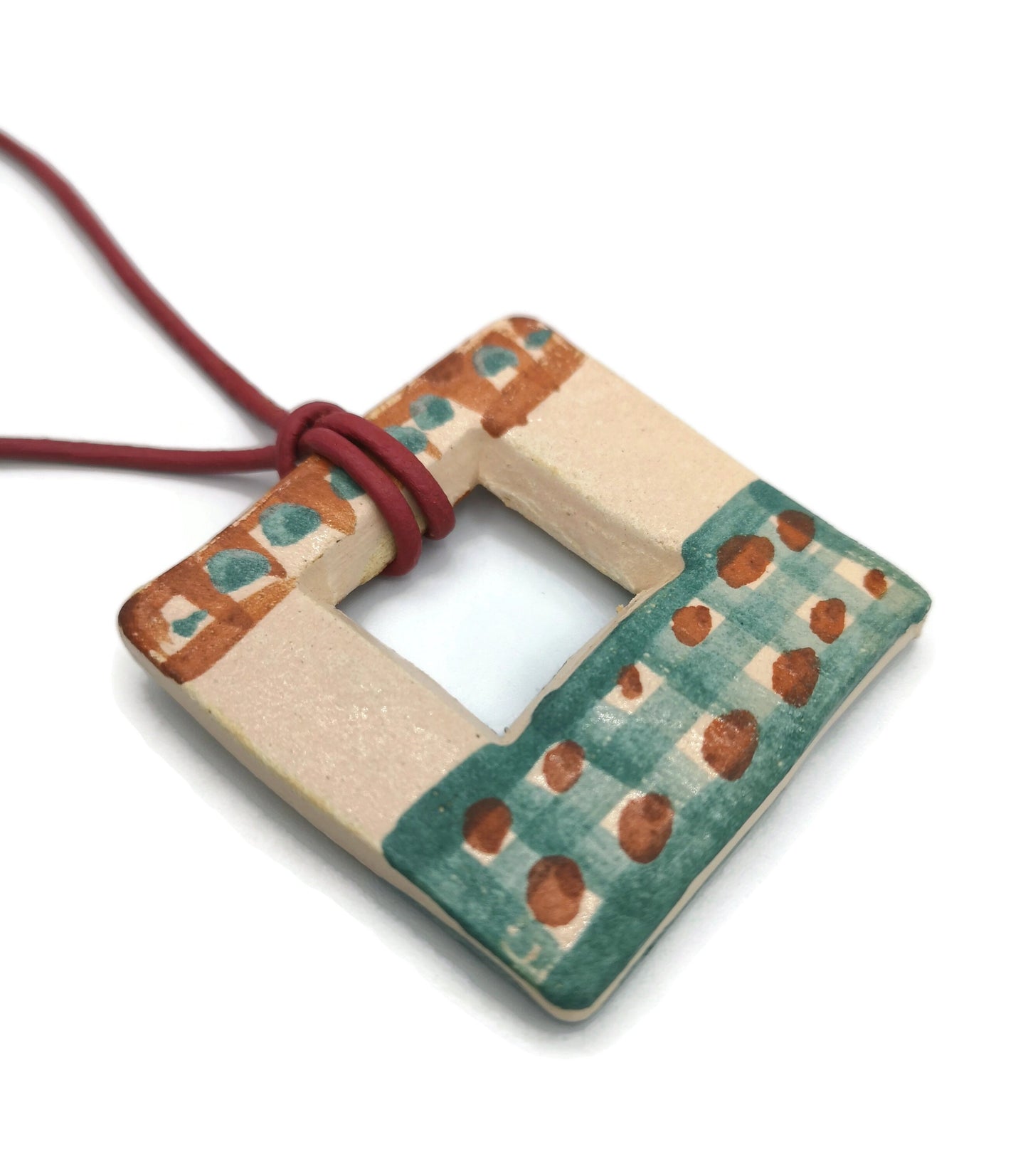 Geometric Pendant For Jewelry Making, Handmade Ceramic Necklace Pendant, Unique Jewelry Charms, Hand Painted Large Pendant Square Shaped - Ceramica Ana Rafael