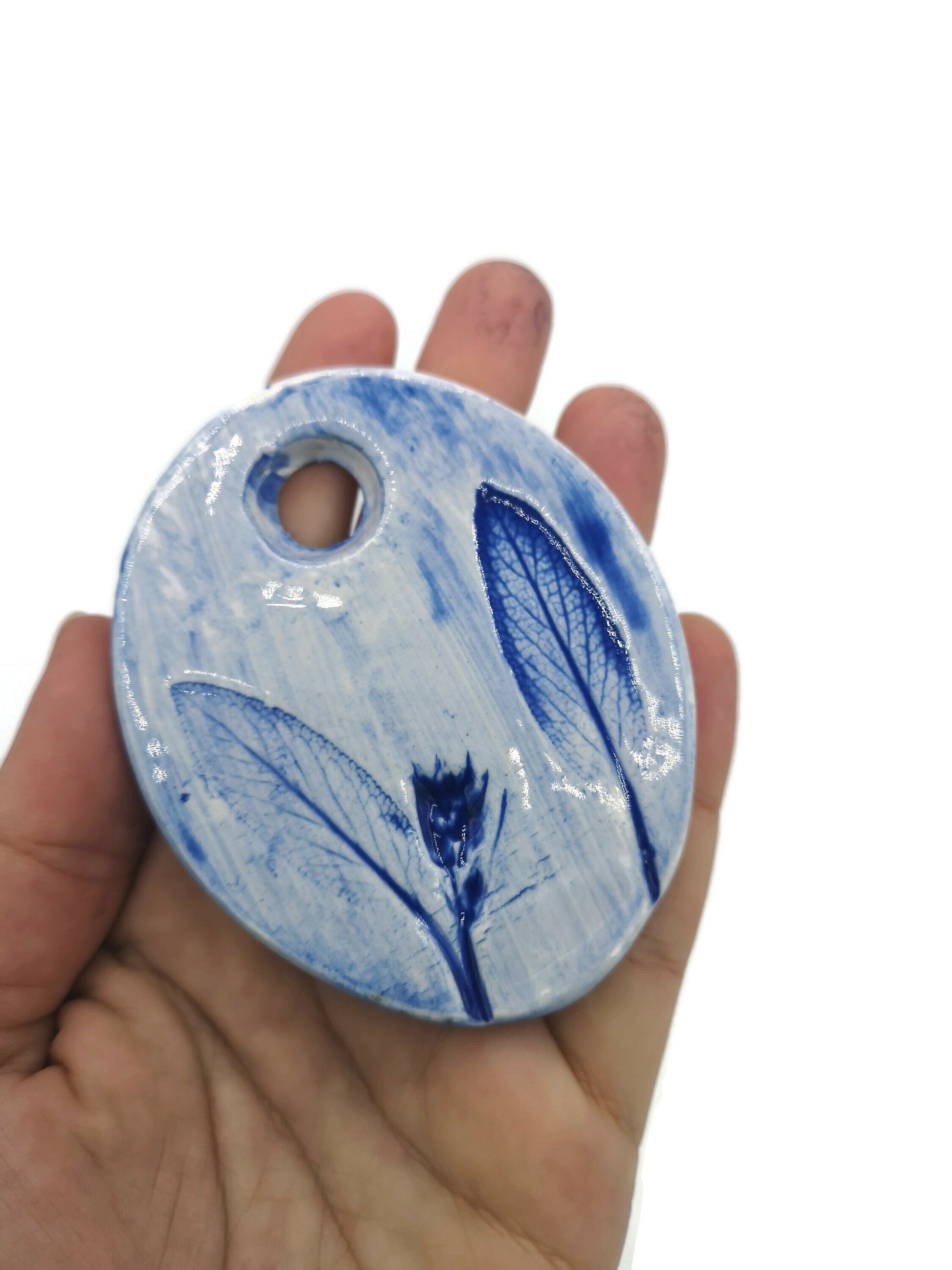 Extra Large Necklace Pendant For Statement Jewelry Making, Blue Handmade Ceramic Leaf Design Charm For Women, Unique Clay Charms - Ceramica Ana Rafael