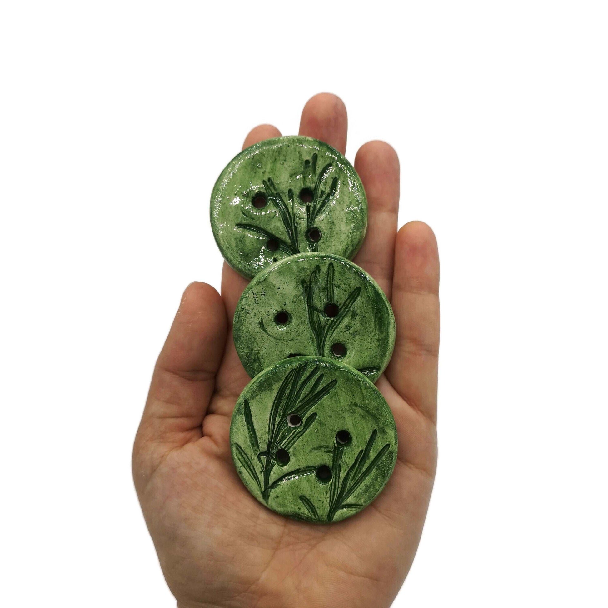 3Pcs 45mm Extra Large Handmade Ceramic Buttons, Round Sewing Buttons, Unique Rosemary Leaves Handmade Pottery Designer Buttons For Crafts - Ceramica Ana Rafael