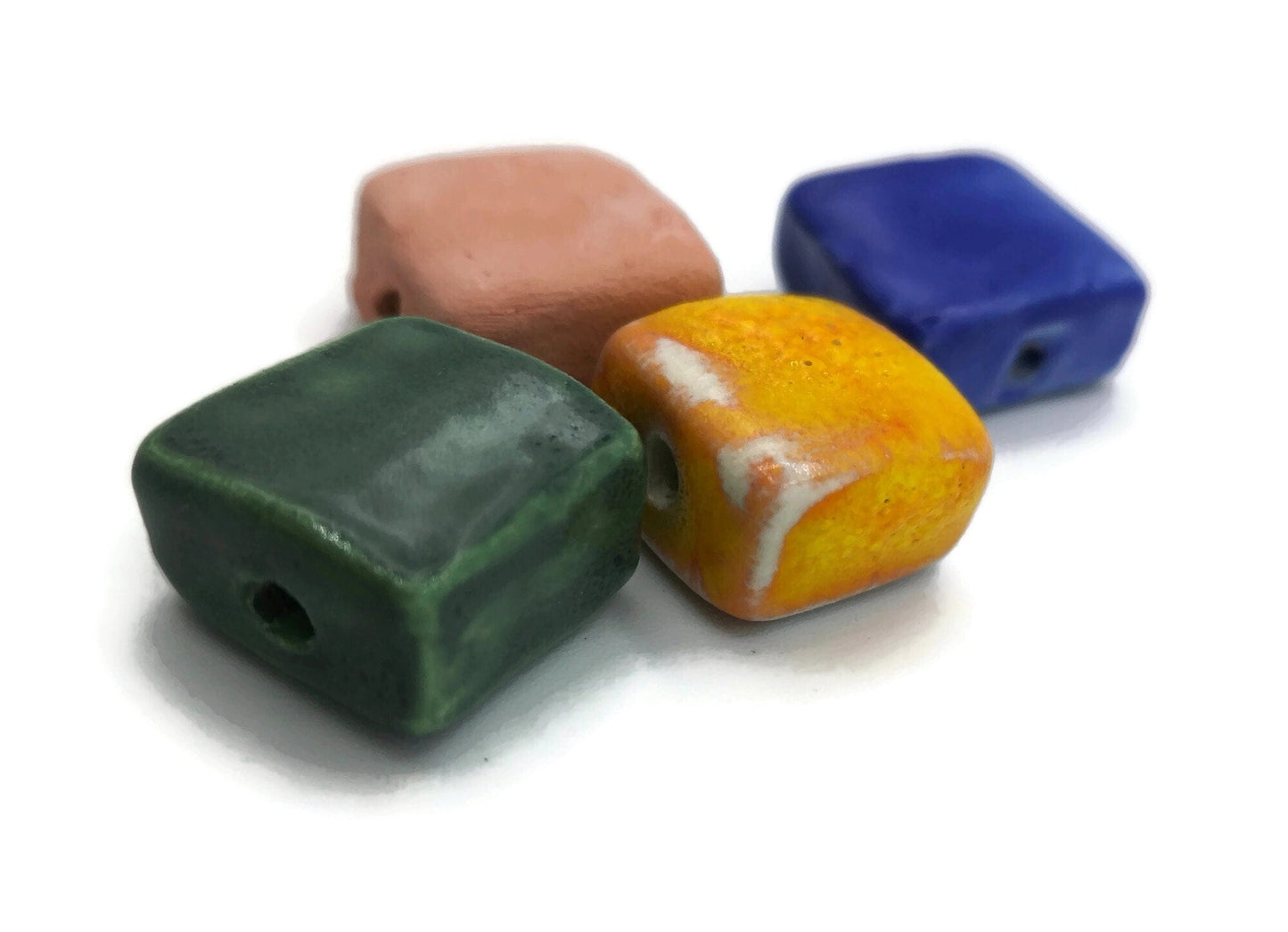 Set Of 4 Assorted Beads, Clay Beads For Crafts, Handmade Ceramic Macrame Beads, Square Shape Large Beads, Unusual Pottery Beads - Ceramica Ana Rafael