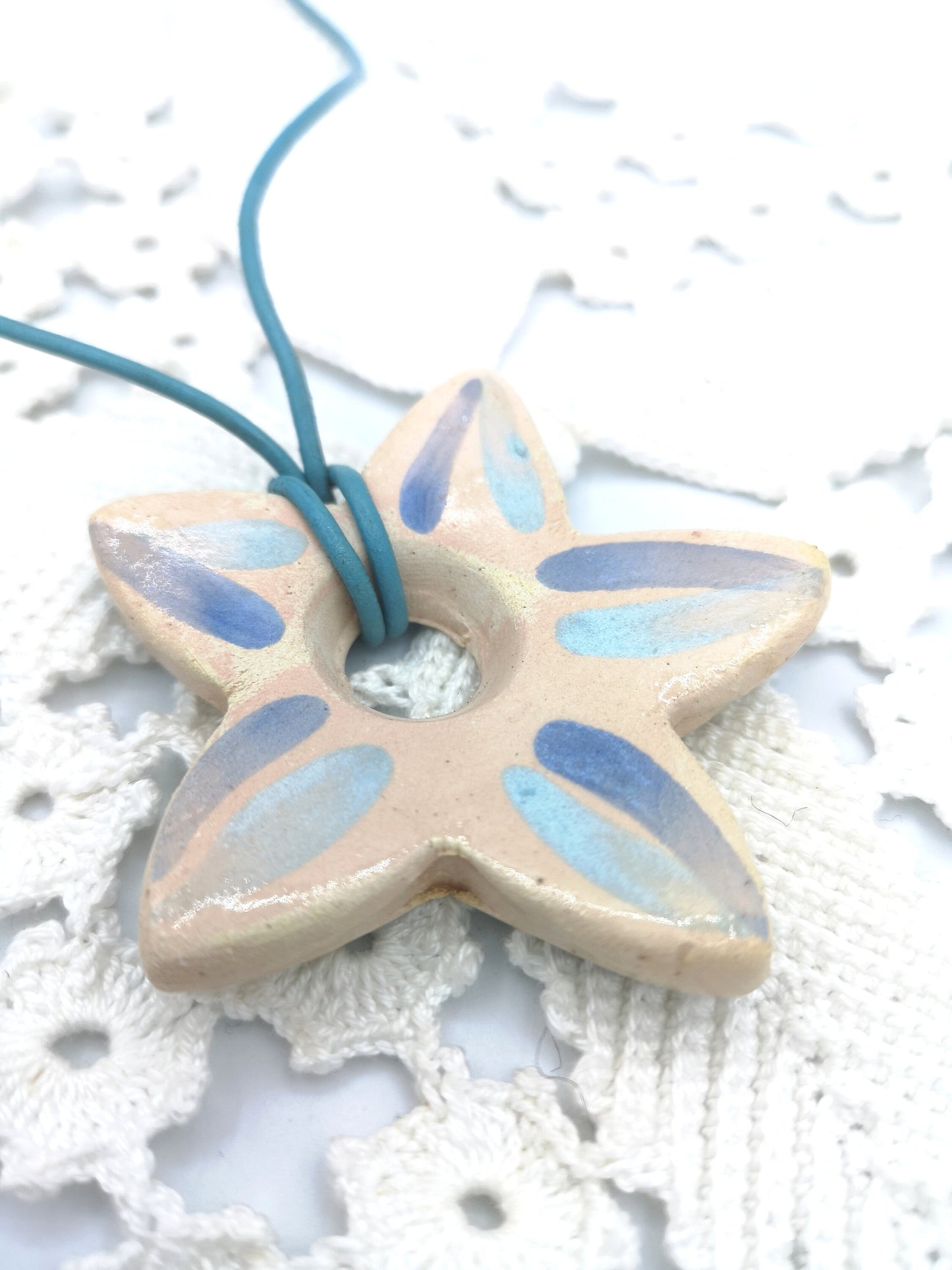 Handmade Ceramic Large Necklace Pendant For Jewelry Making, Big Artisan Flower Charms Hand Painted Beige And Blue, Cute Clay Charms - Ceramica Ana Rafael