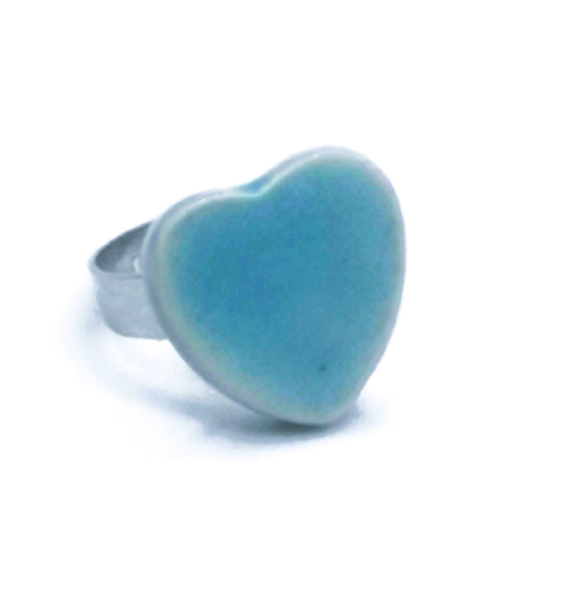 Handmade Ceramic Turquoise Blue Heart Statement Ring For Women, Stainless Steel Adjustable Ring, Porcelain 9th Anniversary Gifts For Her - Ceramica Ana Rafael