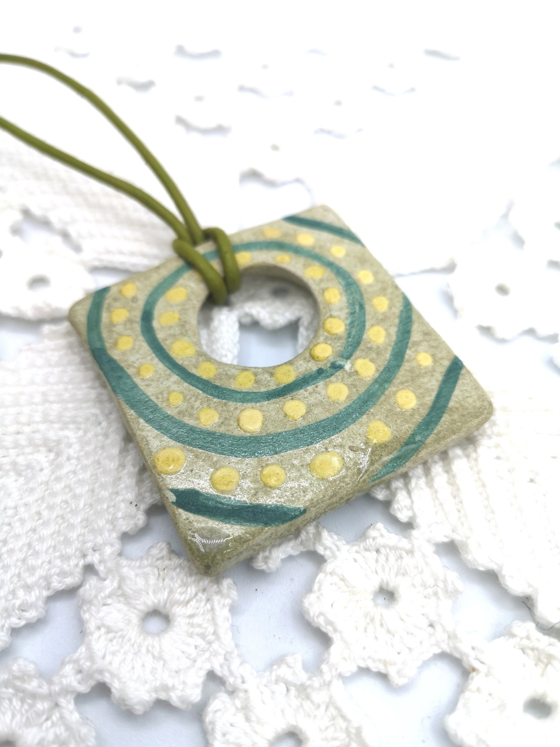 Unique Extra Large Square Necklace Pendant For Statement Jewelry Making, Aesthetic Handmade Ceramic Charm Hand Painted Green And Yellow Clay - Ceramica Ana Rafael