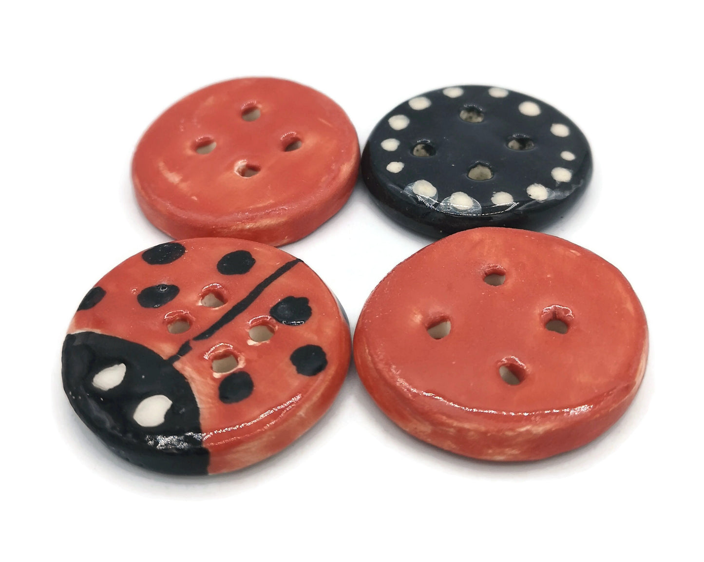 Decorative Buttons Handmade Ceramics, Set Of 4 Round Shape Red Ladybug Buttons Cute, Best Sellers 2022 Extra Large Buttons, Big Buttons - Ceramica Ana Rafael