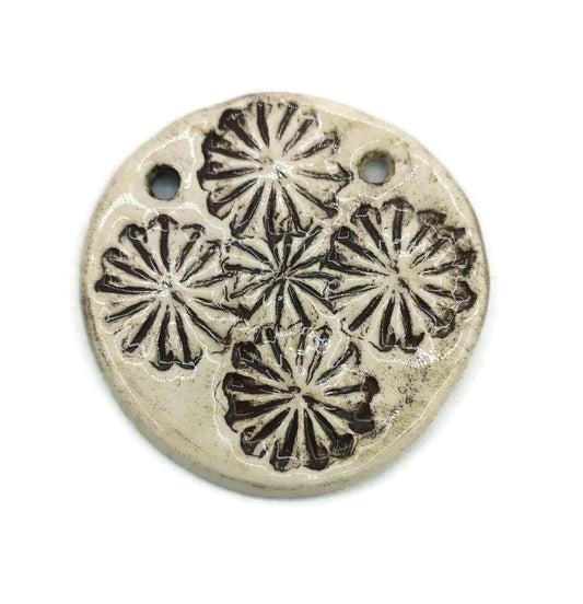 LARGE CIRCLE PENDANT For Necklace With Imprinted Poppy Design, Handcrafted Ceramic Components For Unique Jewelry Making - Ceramica Ana Rafael